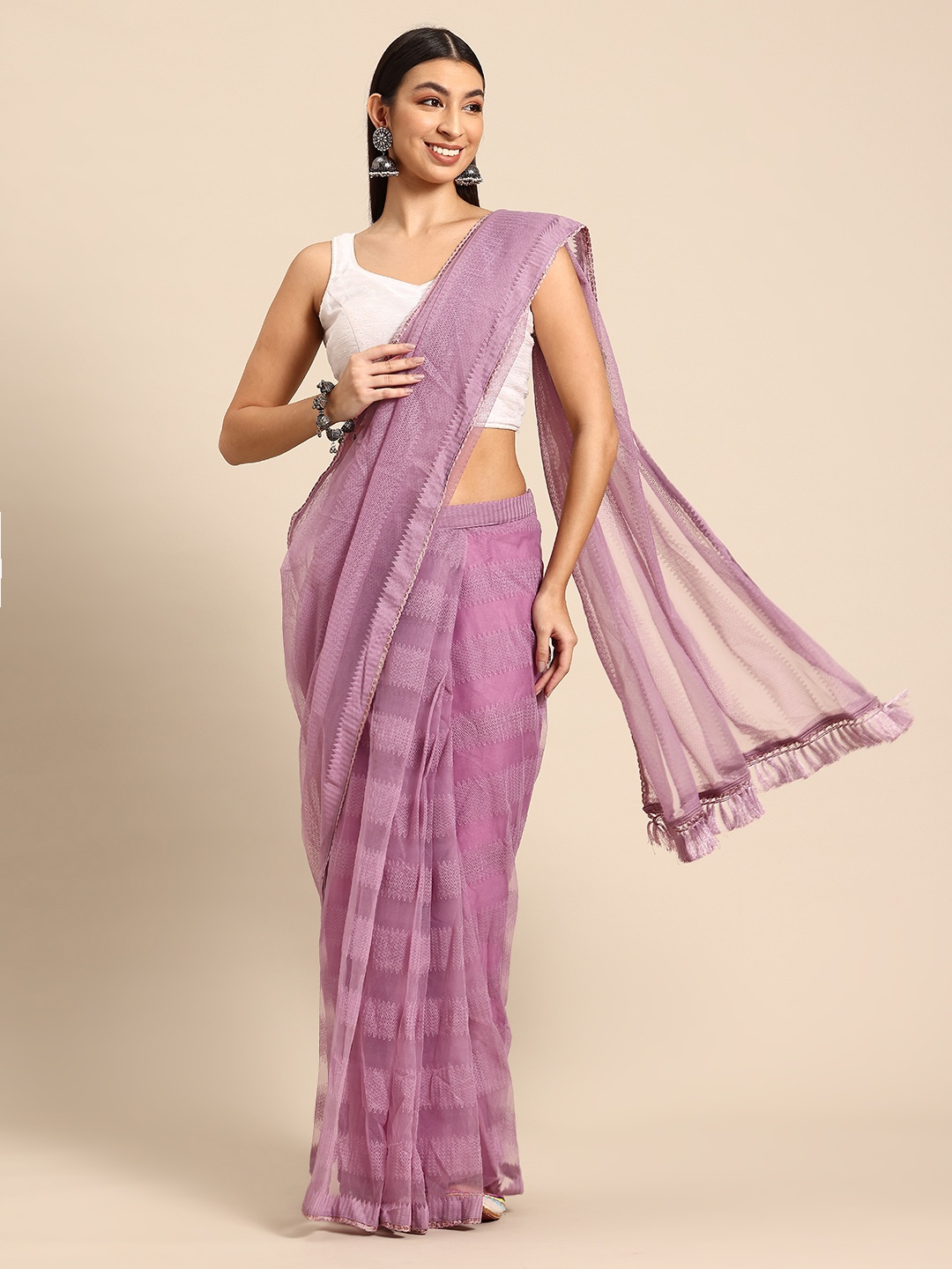 

Tikhi Imli Geometric Woven Design Net Saree, Lavender