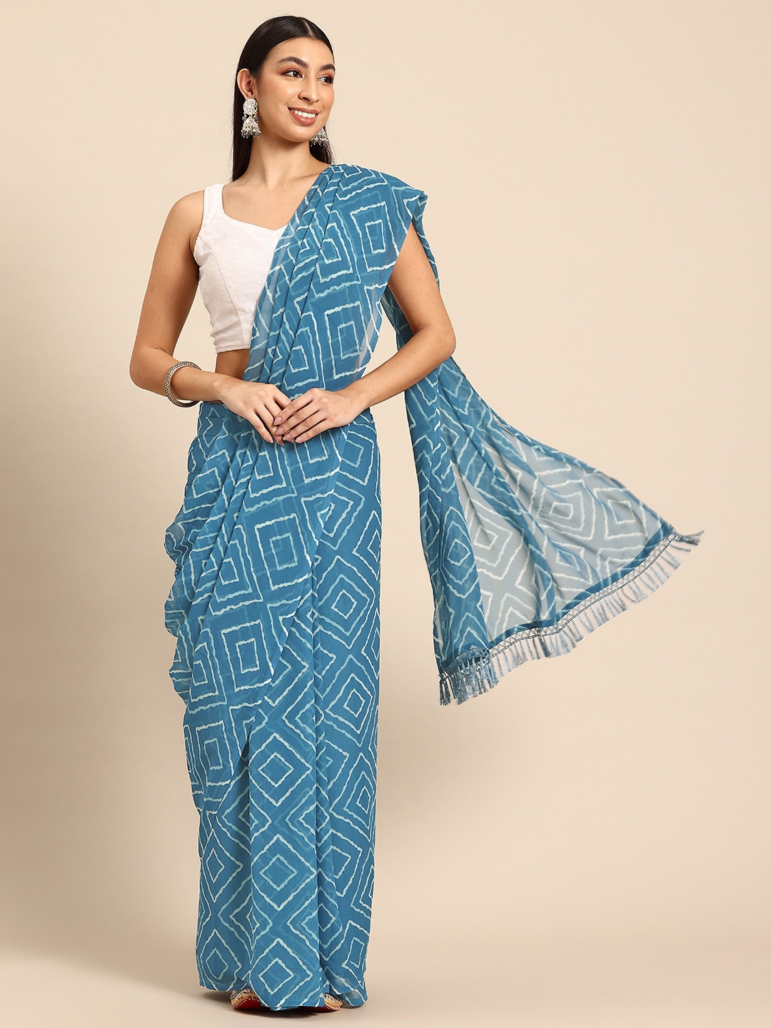

Tikhi Imli Geometric Print Saree, Blue