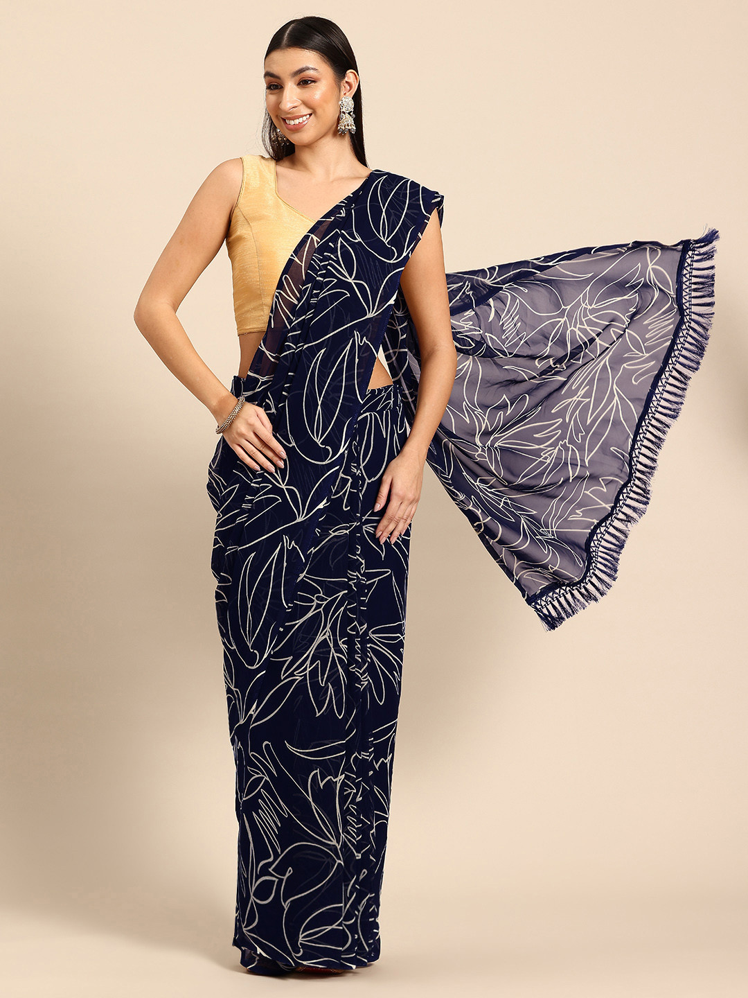 

Tikhi Imli Floral Printed Saree, Navy blue