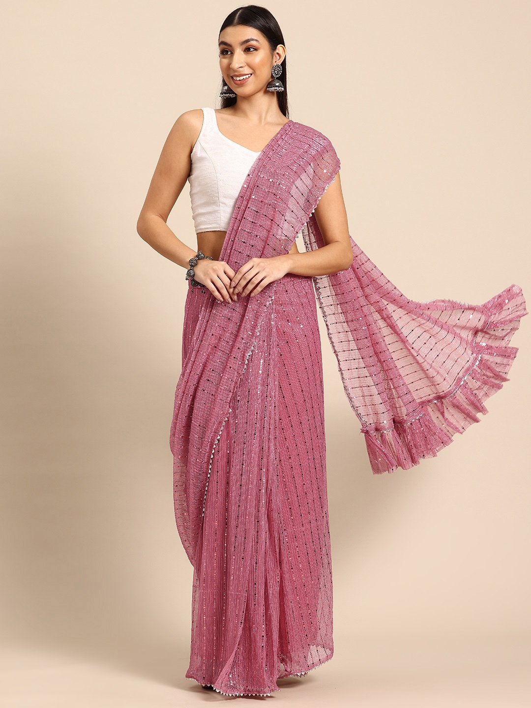 

Tikhi Imli Embellished Sequinned Designer Saree, Pink