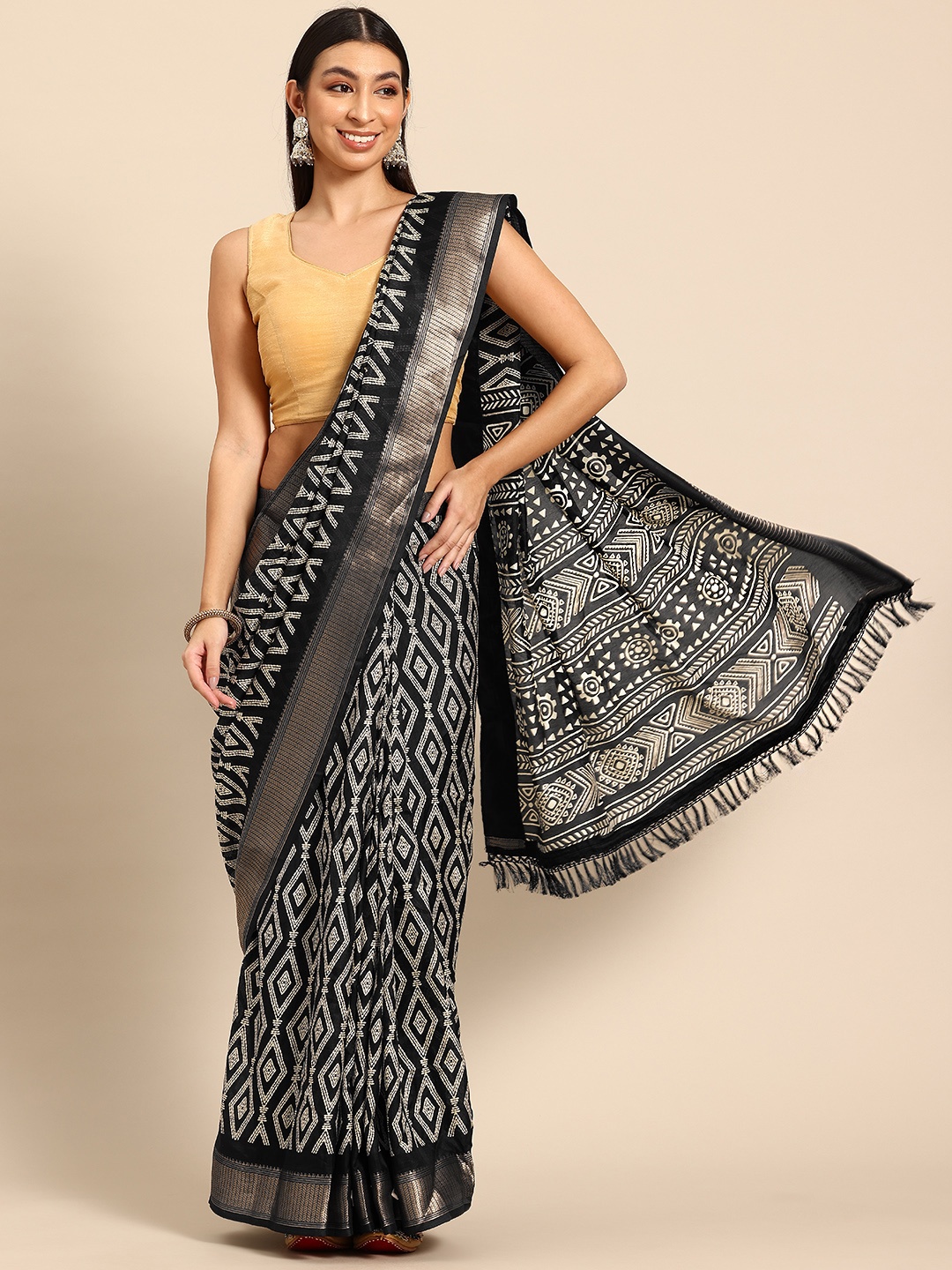 

Tikhi Imli Printed Zari Saree, Black