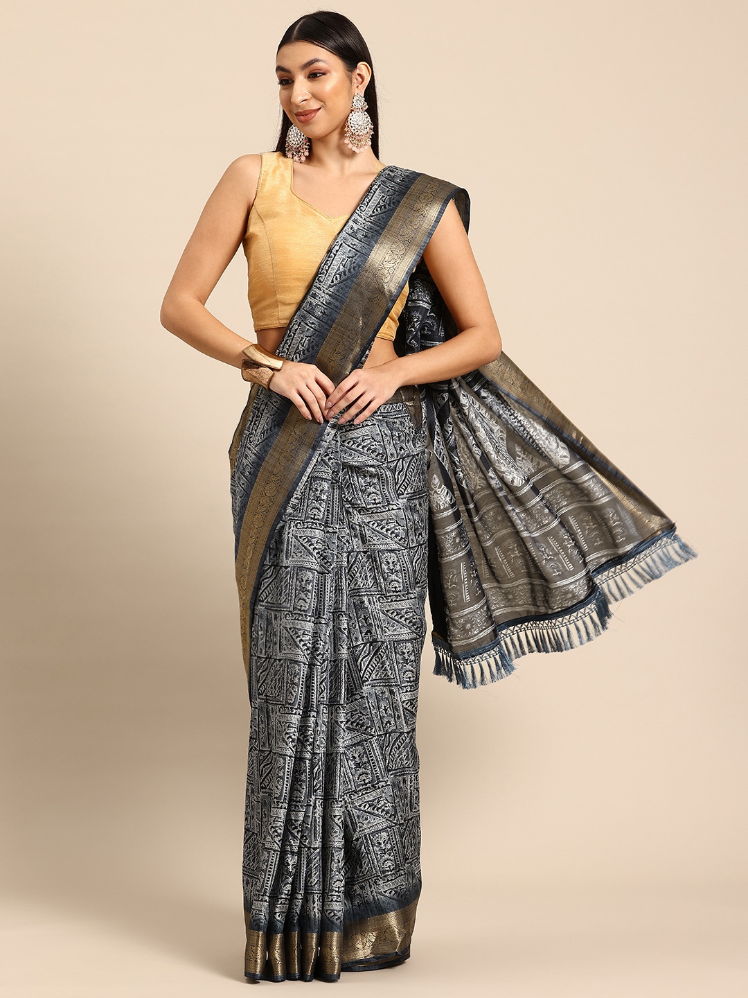 Tikhi Imli Ethnic Motifs Zari Saree, Grey