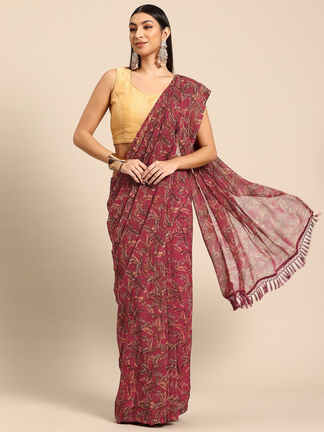 

Tikhi Imli Floral Printed Poly Georgette Saree, Maroon