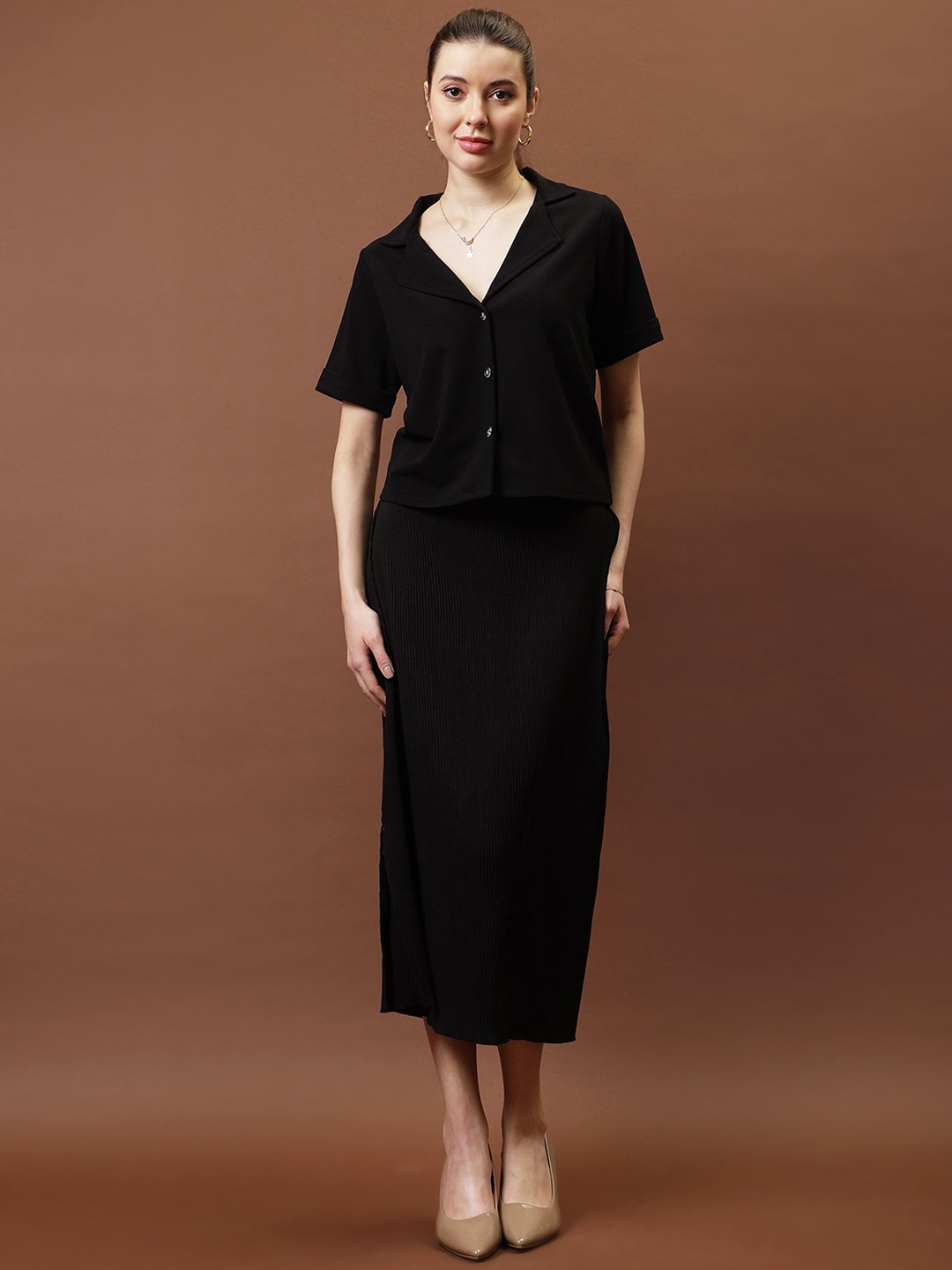 

Athena Lapel Collar Shirt With Skirt, Black