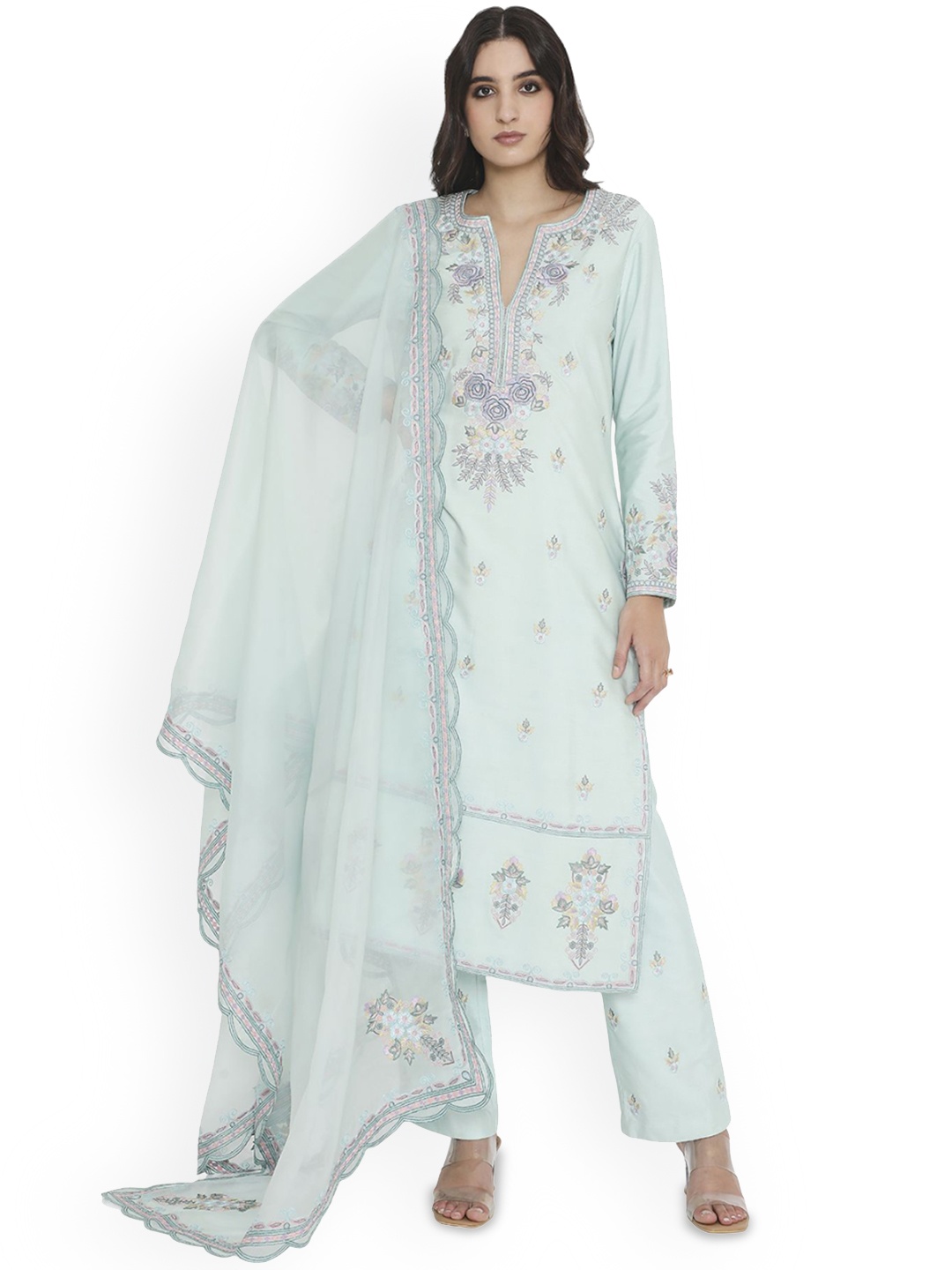 

Payal Singhal Floral Embroidered Straight Kurta & Trousers With Dupatta, Blue