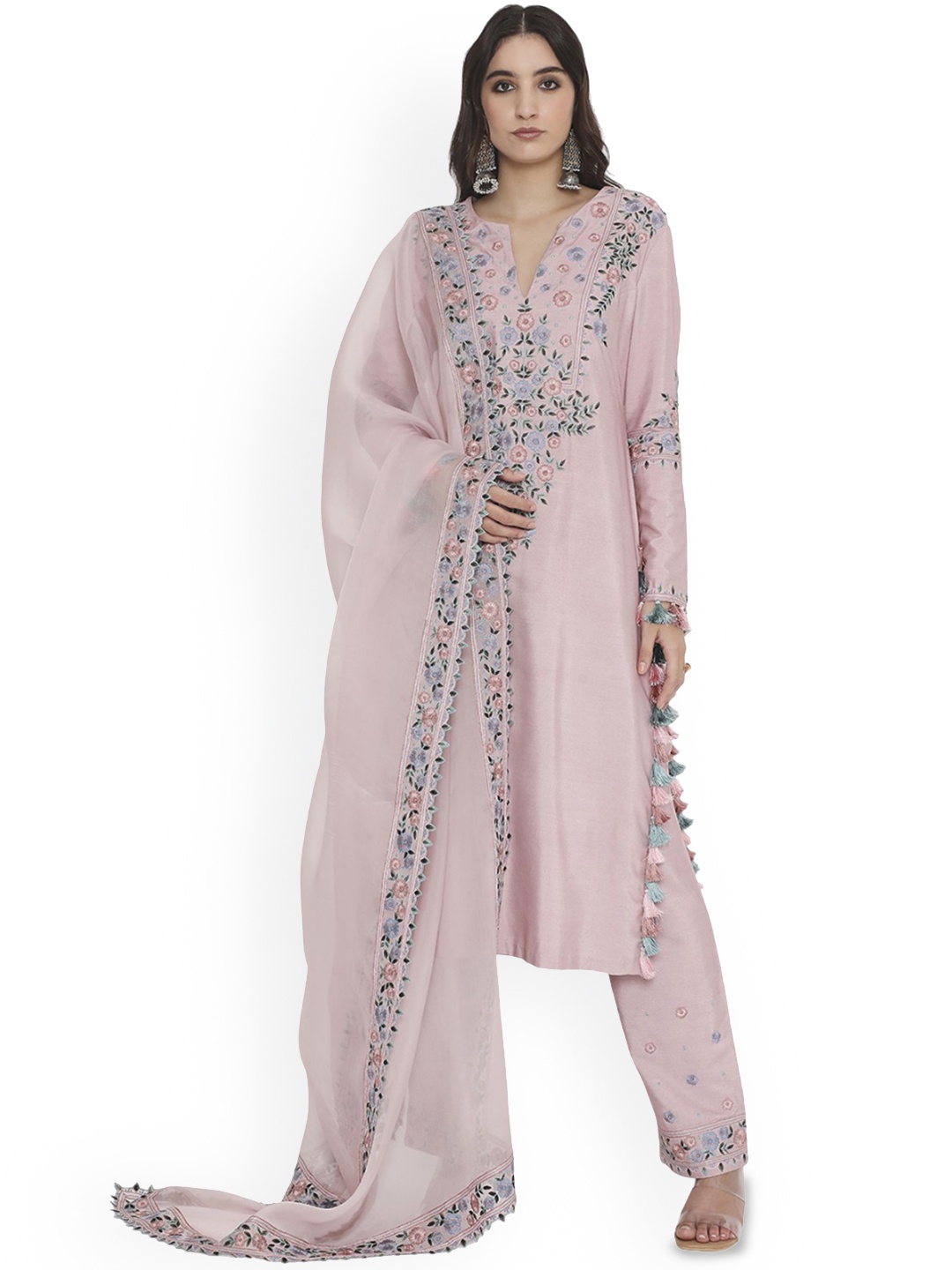 

Payal Singhal Yoke Design Notch Neck Cotton Silk Straight Kurta With Trousers & Dupatta, Pink