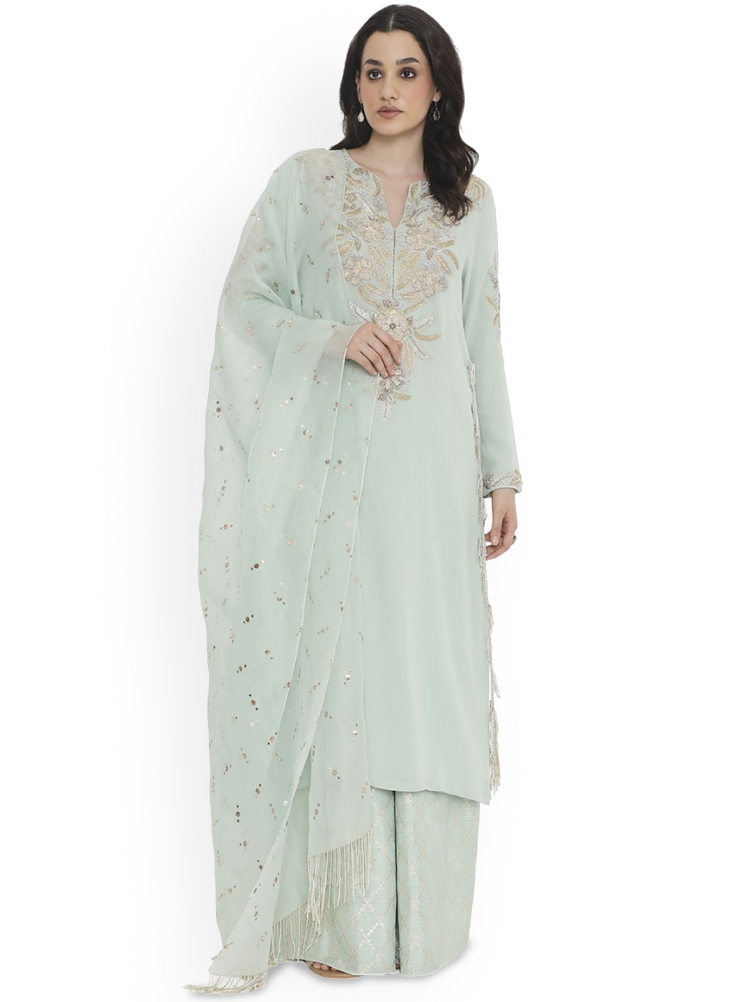 

Payal Singhal Floral Yoke Design Notch Neck Organza Straight Kurta With Palazzos & Dupatta, Blue