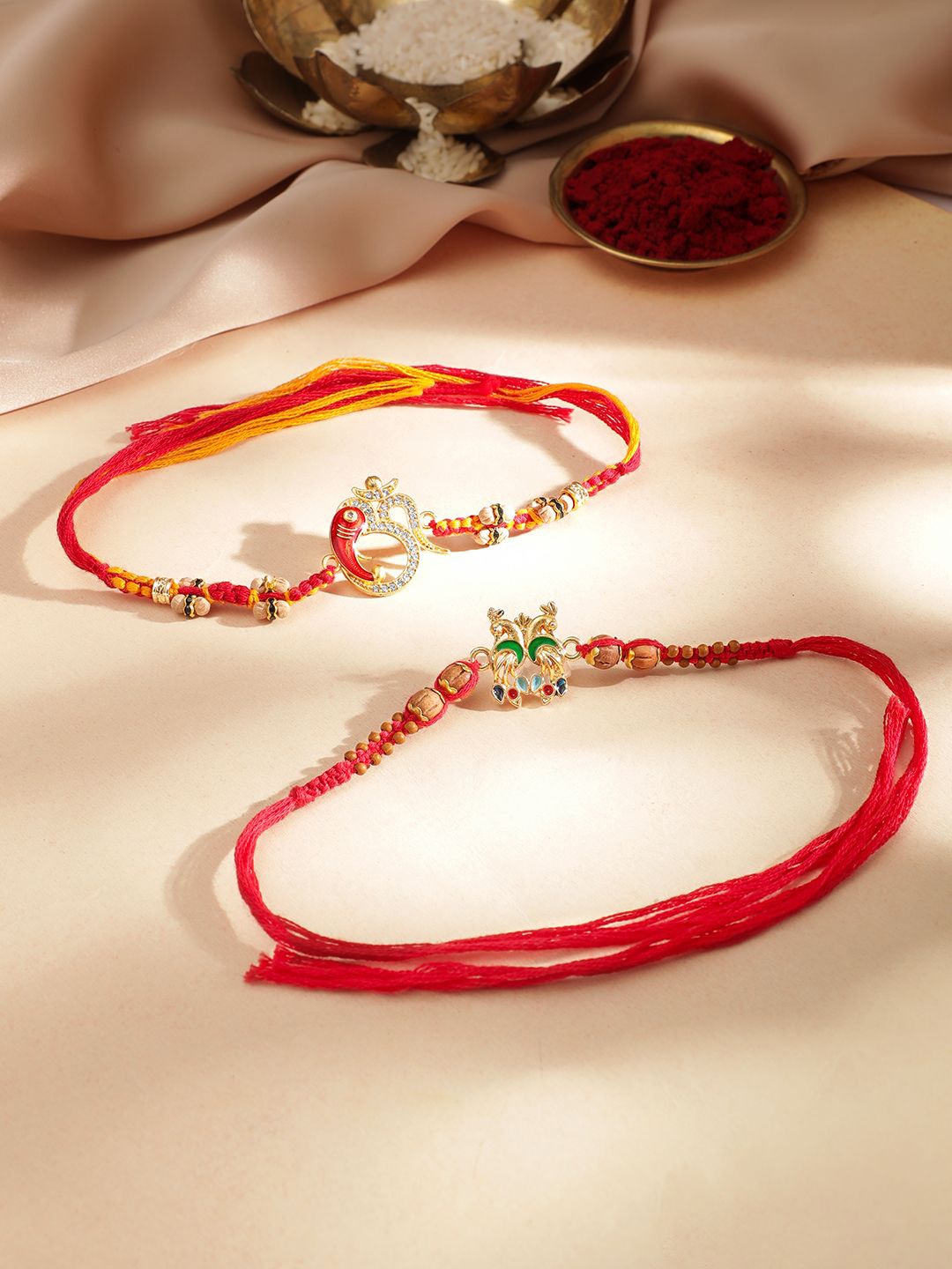 

Rubans Set Of 2 Stone Studded & Beaded Thread Rakhis With Roli Chawal, Orange