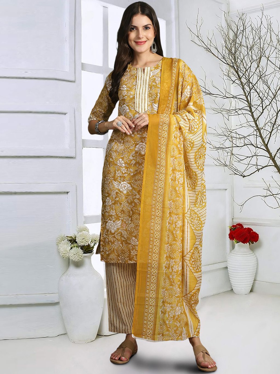 

Ethnic basket Floral Printed Pure Cotton Straight Kurta With Trousers & Dupatta, Mustard