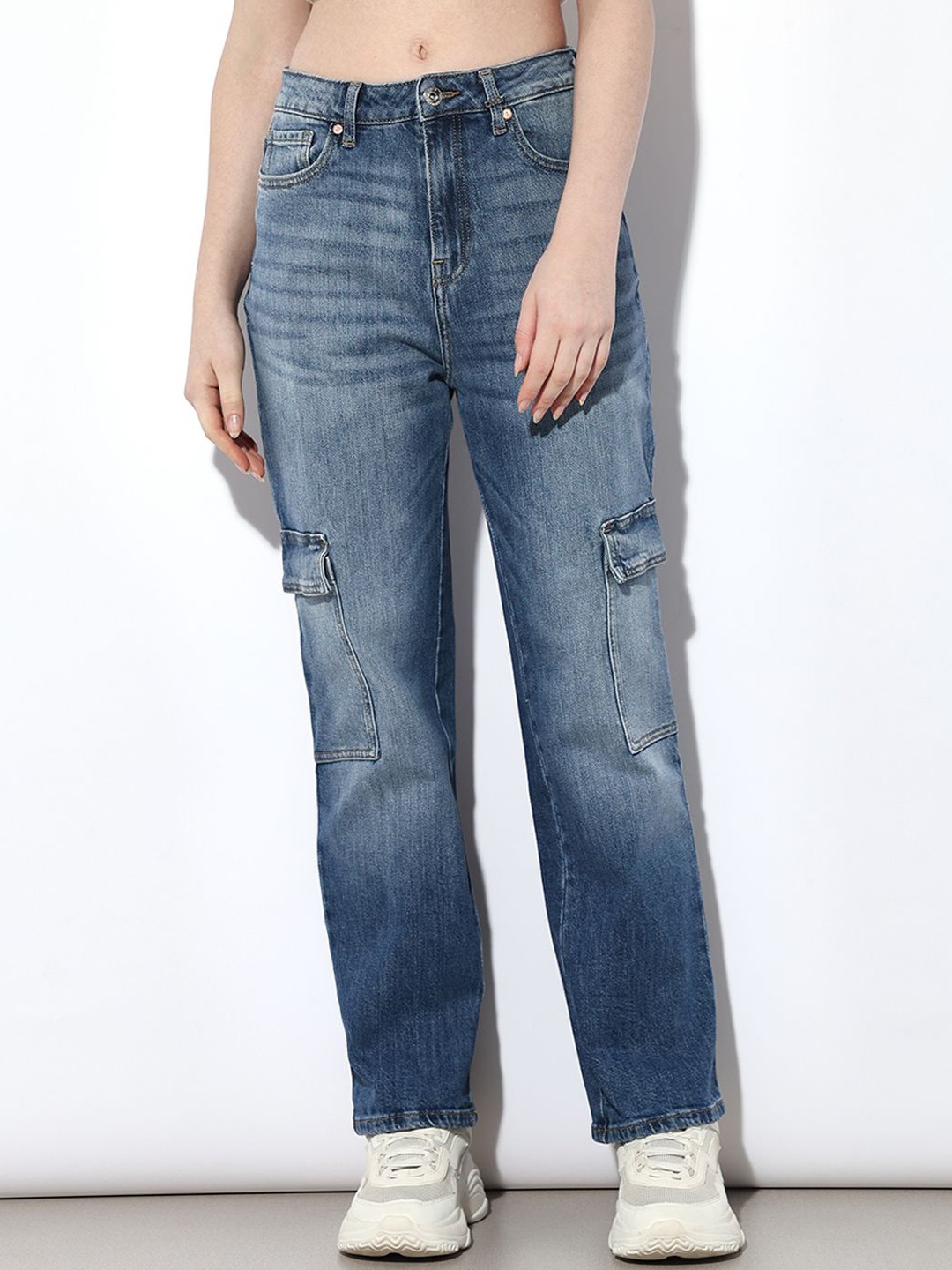 

ONLY Women Straight Fit High-Rise Heavy Fade Stretchable Cargo Jeans, Blue