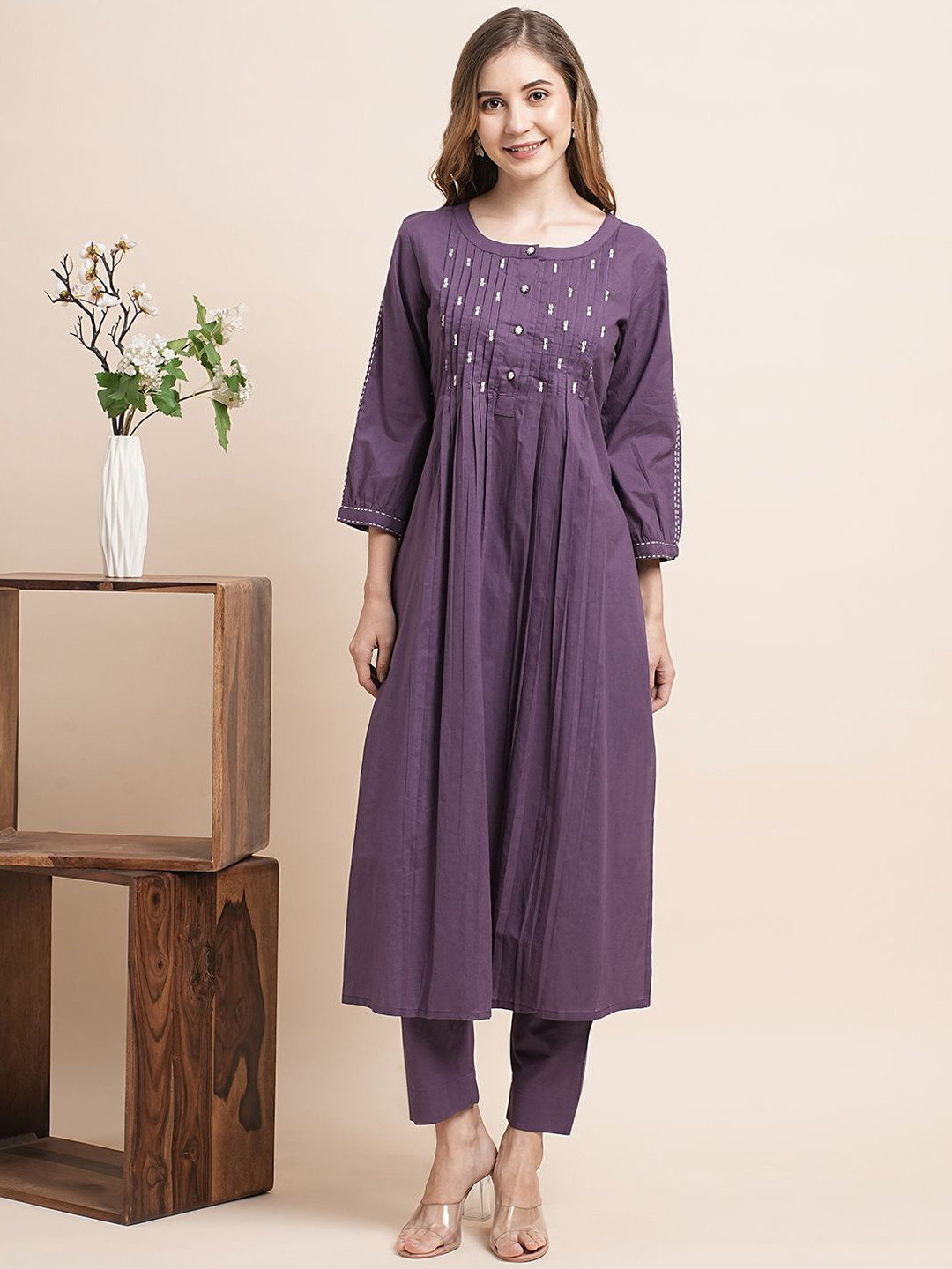 

KALINI Embroidered Pleated Kantha Work Pure Cotton Kurta With Trousers, Purple