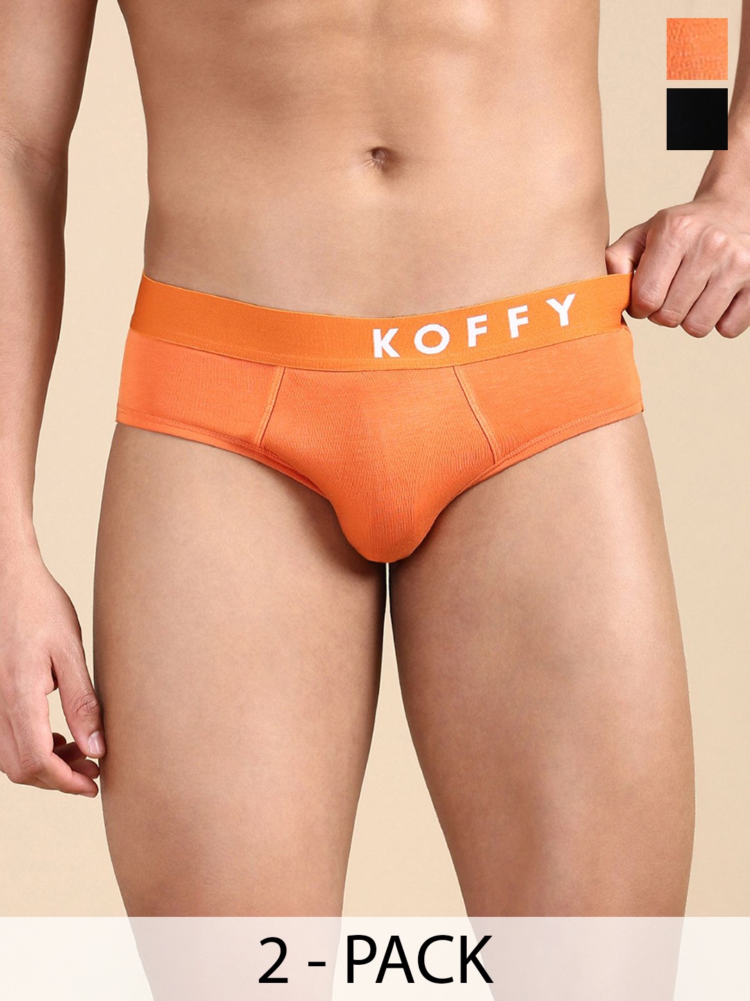 

KOFFY Pack Of 2 Printed Cotton Basic Briefs KOFFY_KI36_BLK_ORG_2PC, Black