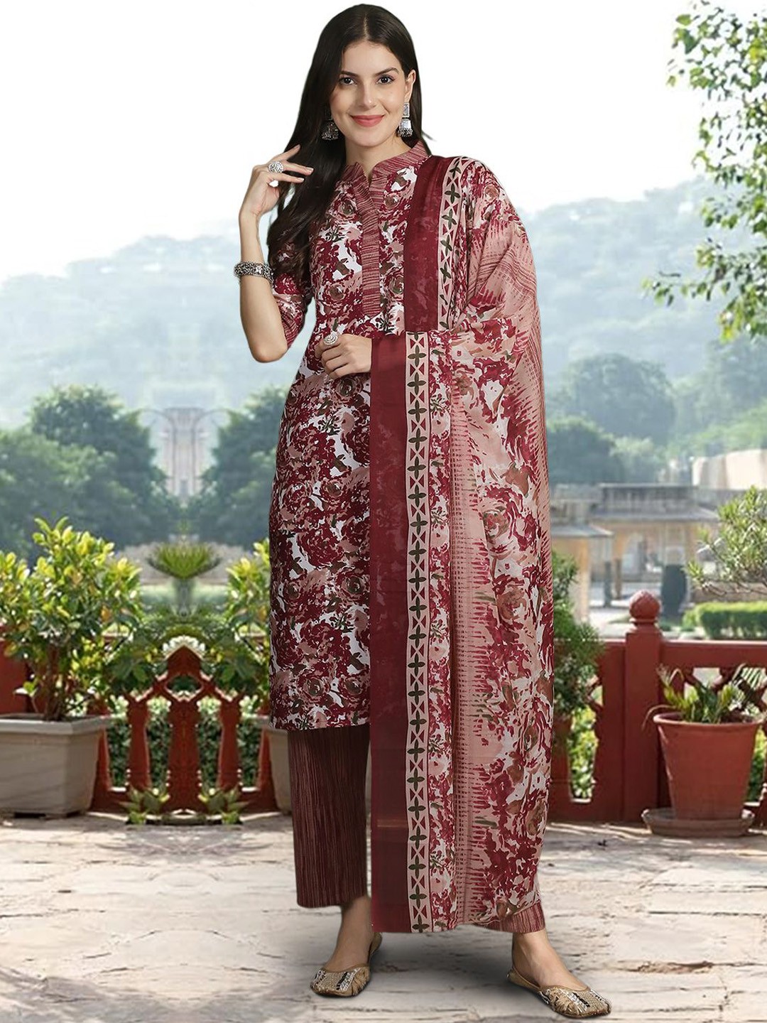 

Ethnic basket Floral Printed Pure Cotton Kurta with Trousers & Dupatta, Maroon