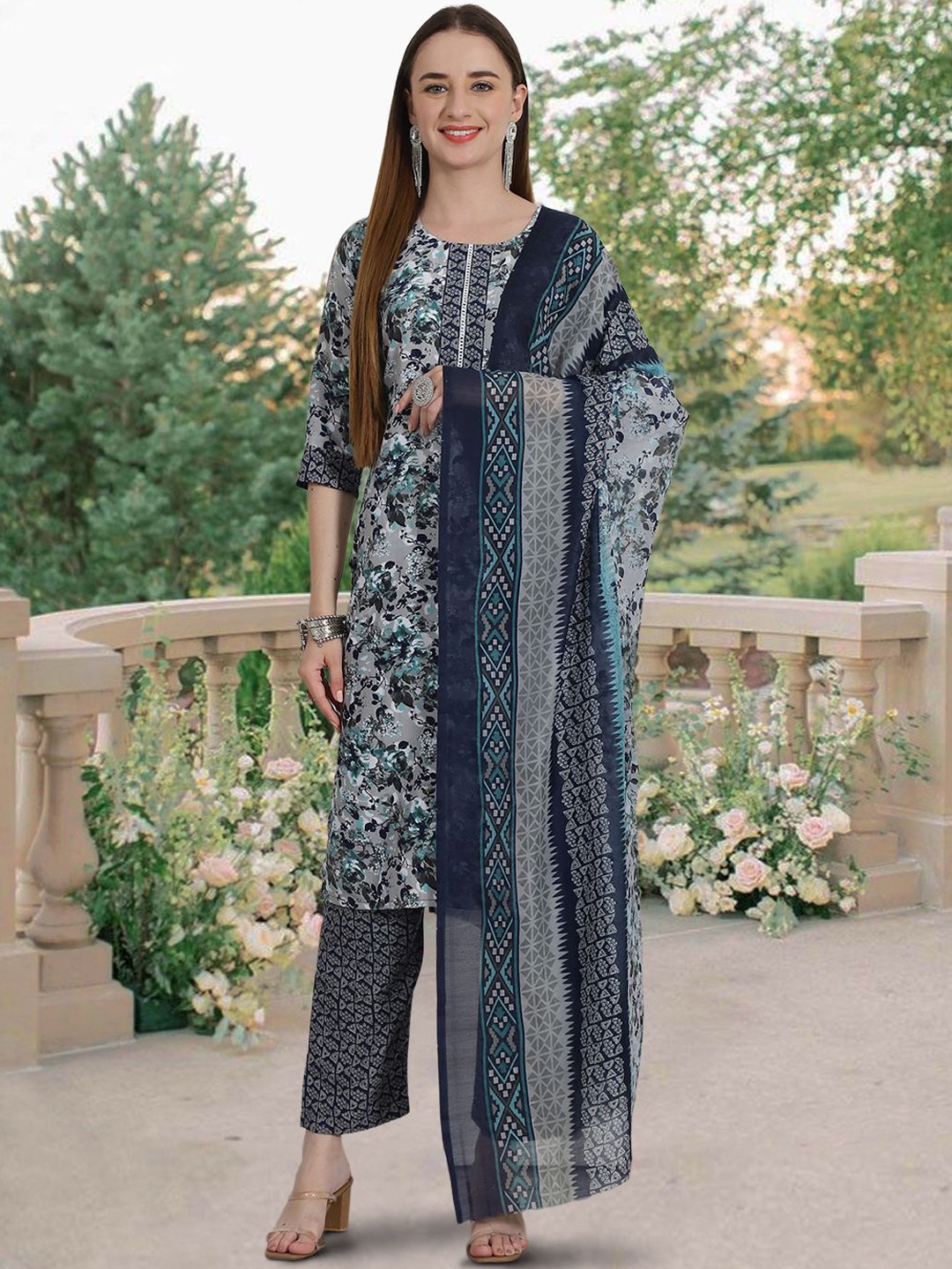 

Ethnic basket Floral Printed Pure Cotton Straight Kurta & Trousers With Dupatta, Navy blue