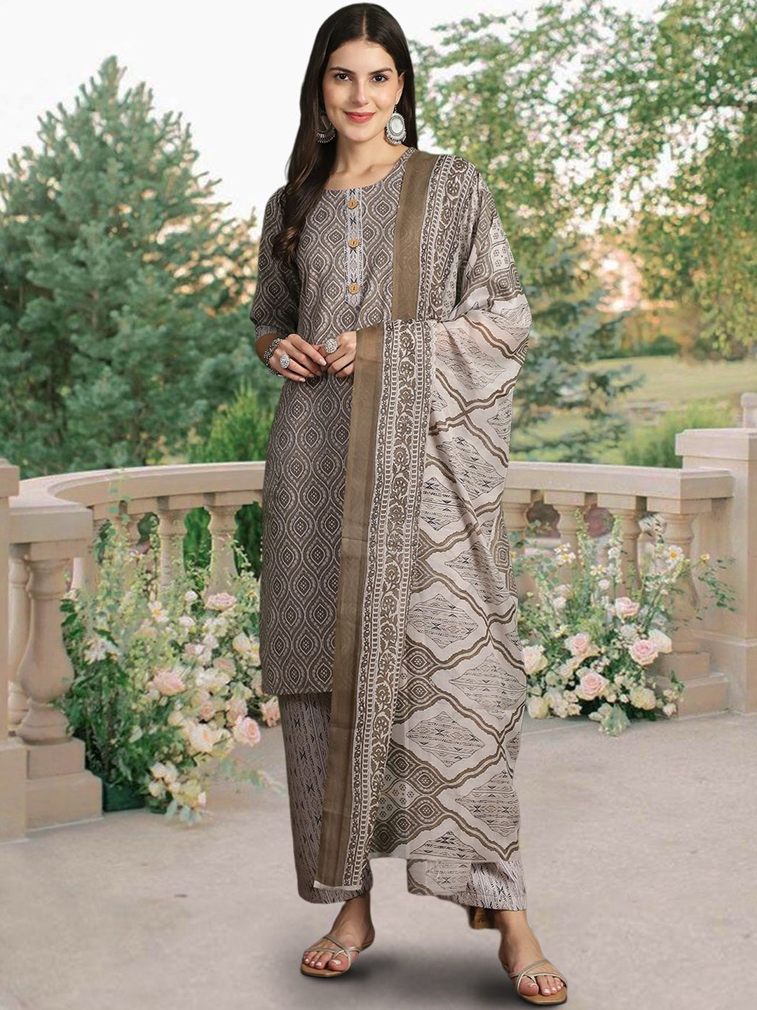 

Ethnic basket Floral Printed Pure Cotton Straight Kurta With Trousers & Dupatta, Grey melange