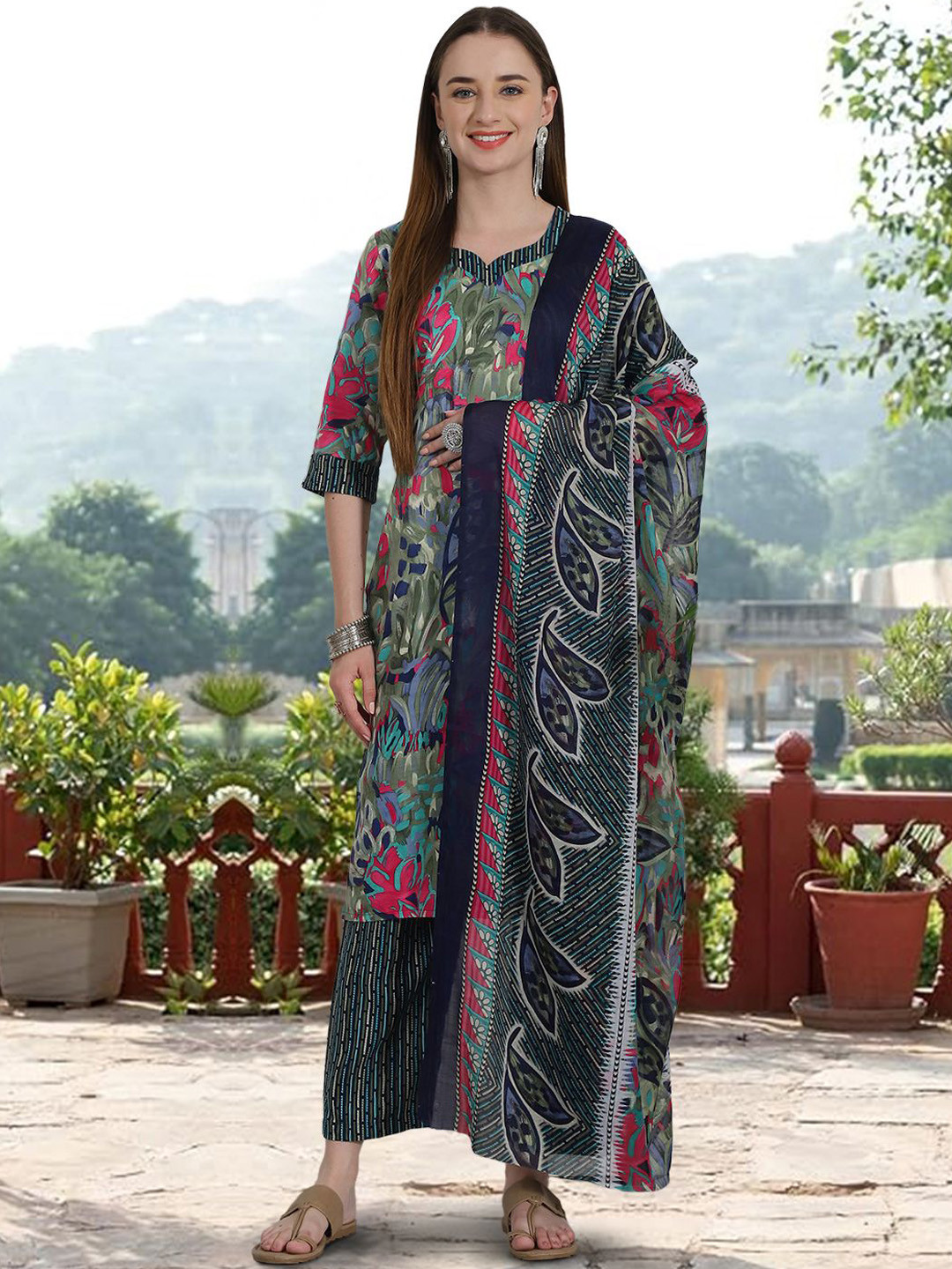 

Ethnic basket Floral Printed Pure Cotton Straight Kurta & Trousers With Dupatta, Blue