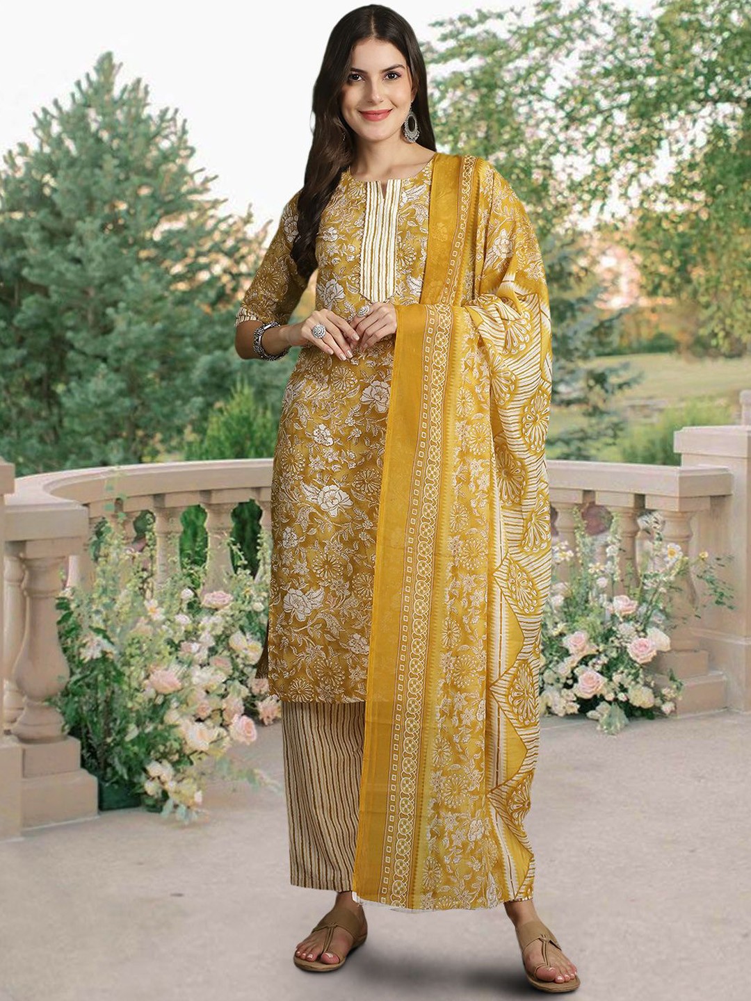 

Ethnic basket Floral Printed Notch Neck Pure Cotton Straight Kurta & Trousers With Dupatta, Mustard