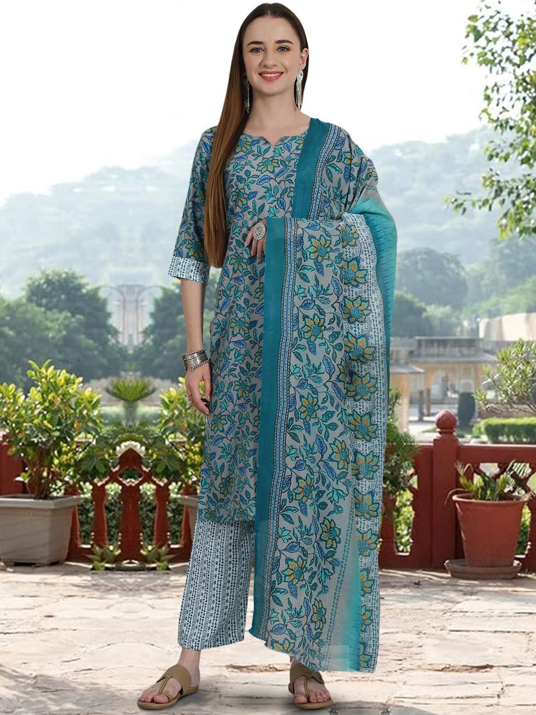 

Ethnic basket Floral Printed Notch Neck Pure Cotton Straight Kurta & Trousers With Dupatta, Grey melange