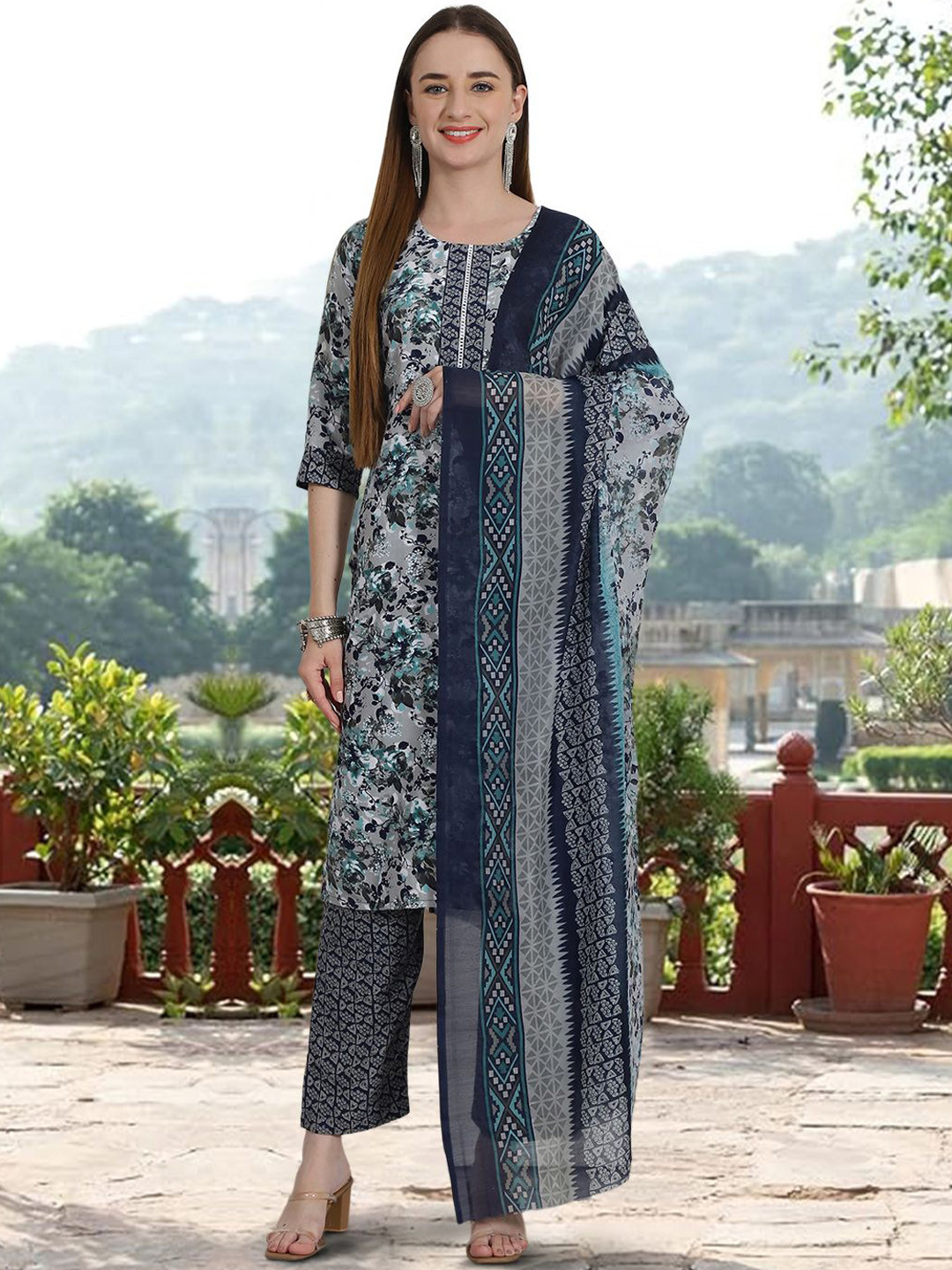 

Ethnic basket Floral Printed Pure Cotton Straight Kurta & Trousers With Dupatta, Navy blue