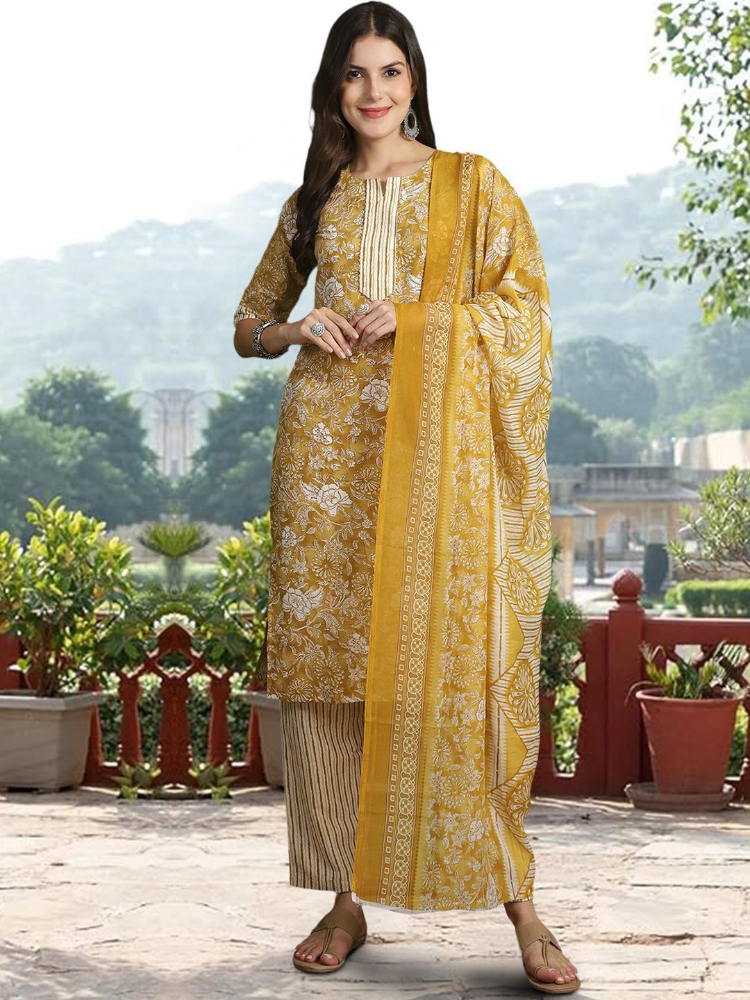 

Ethnic basket Floral Printed Notch Neck Pure Cotton Straight Kurta & Trousers With Dupatta, Mustard