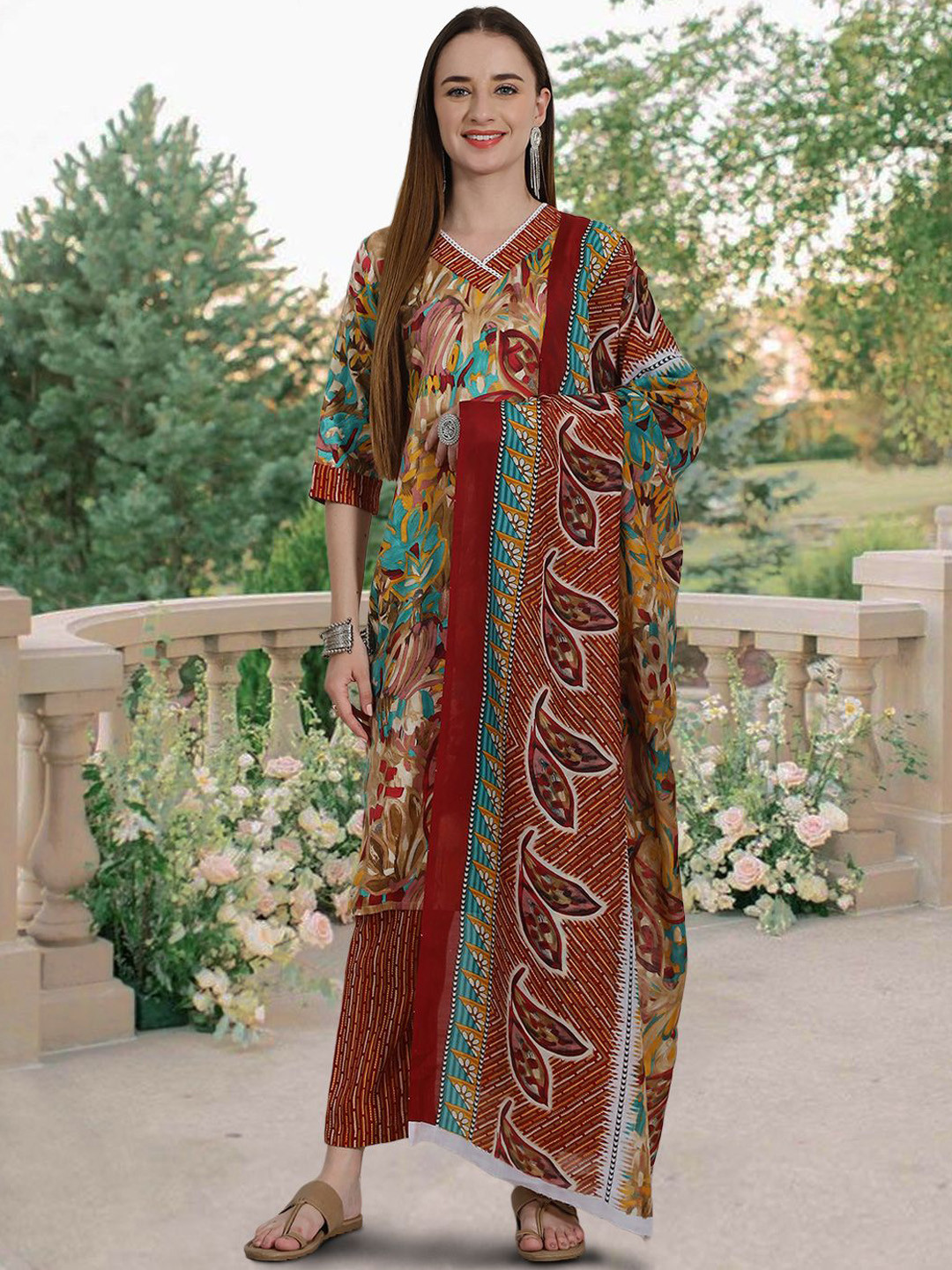 

Ethnic basket Floral Printed Pure Cotton Straight Kurta & Trousers With Dupatta, Mustard