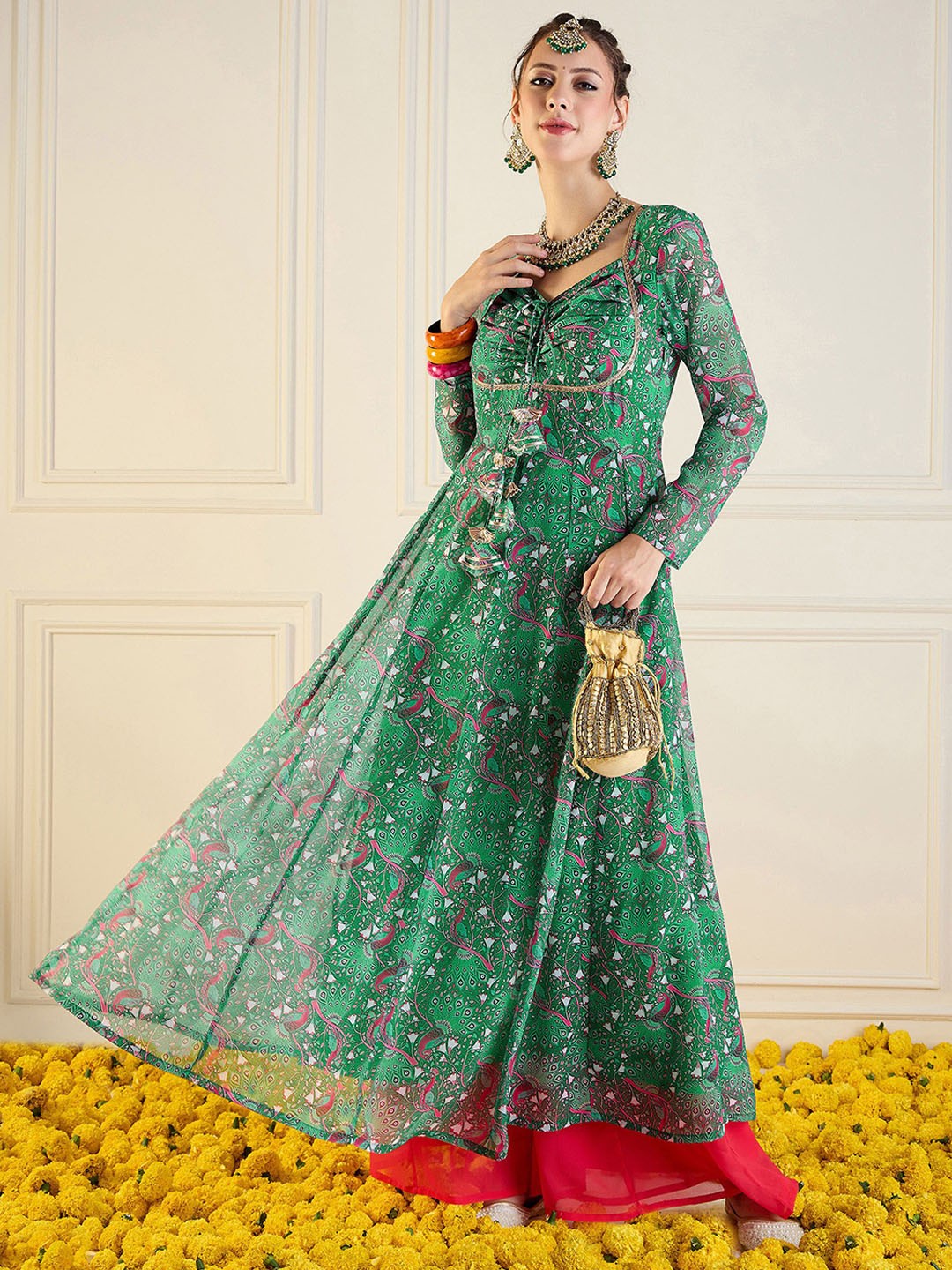 Shae by SASSAFRAS Ethnic Motifs Printed Georgette Anarkali Kurta, Green