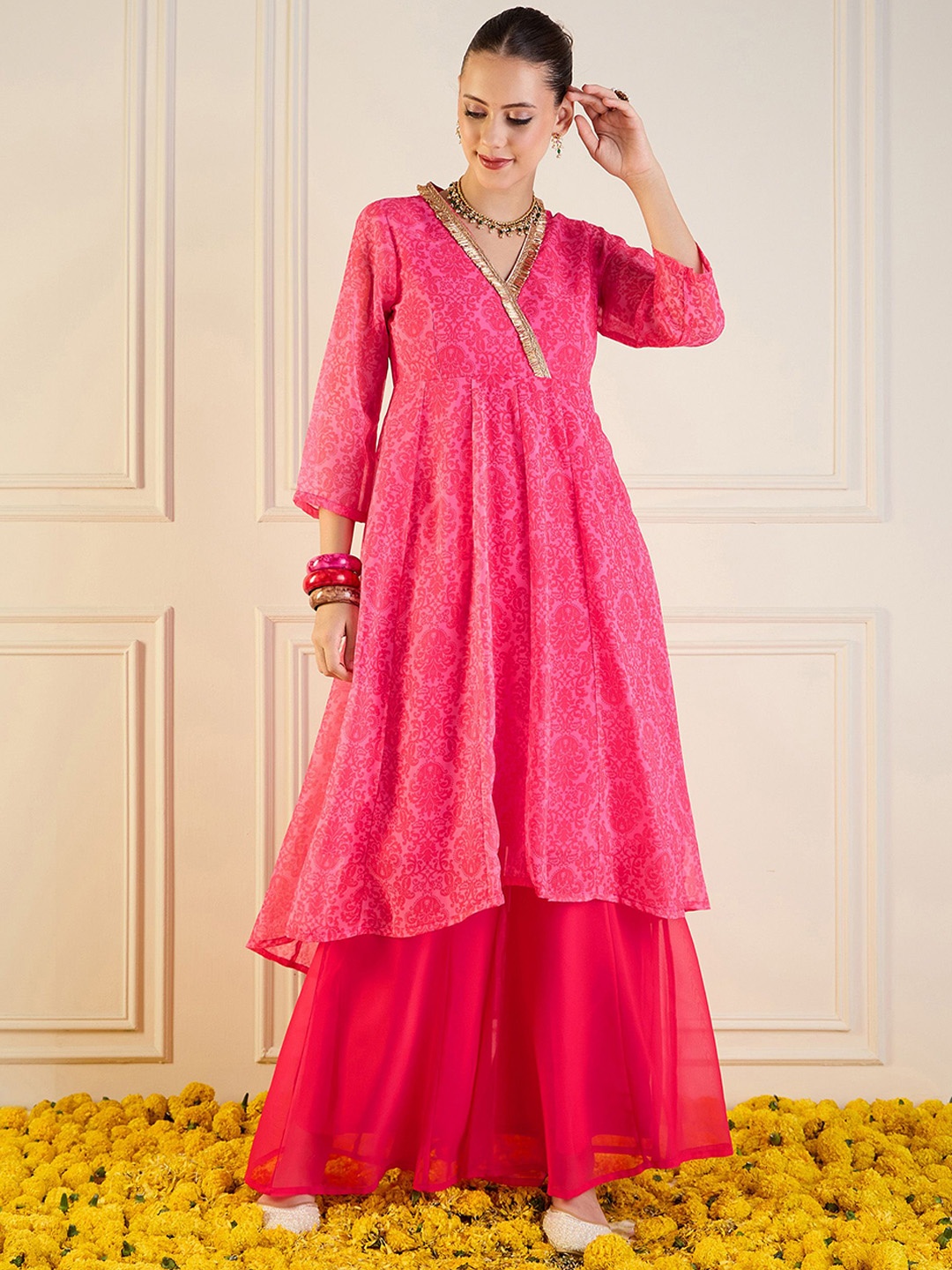 

Shae by SASSAFRAS Floral Woven Design V Neck Georgette Anarkali Kurta, Pink