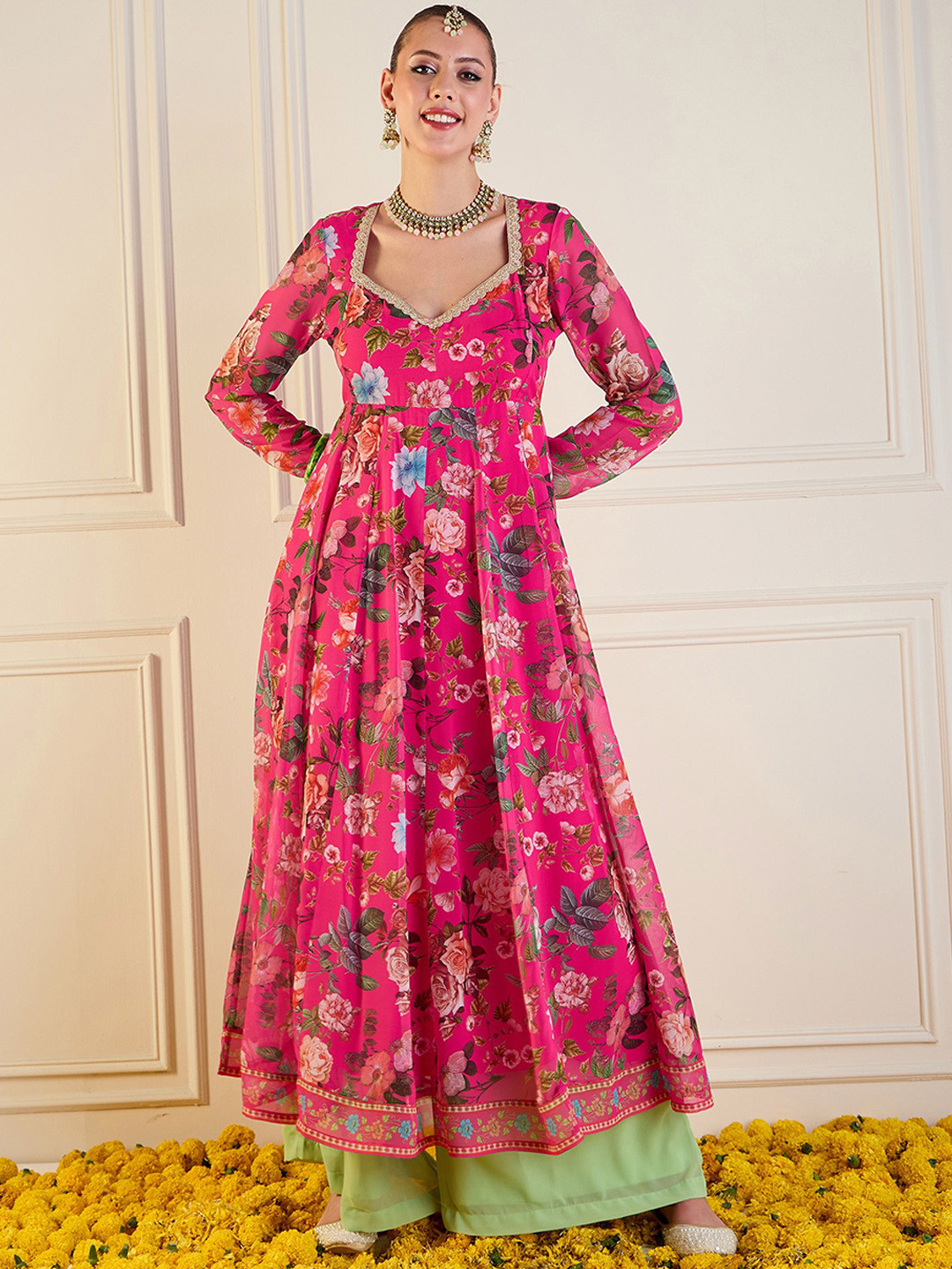

Shae by SASSAFRAS Floral Printed Sweetheart Neck Georgette Anarkali Kurta, Fuchsia