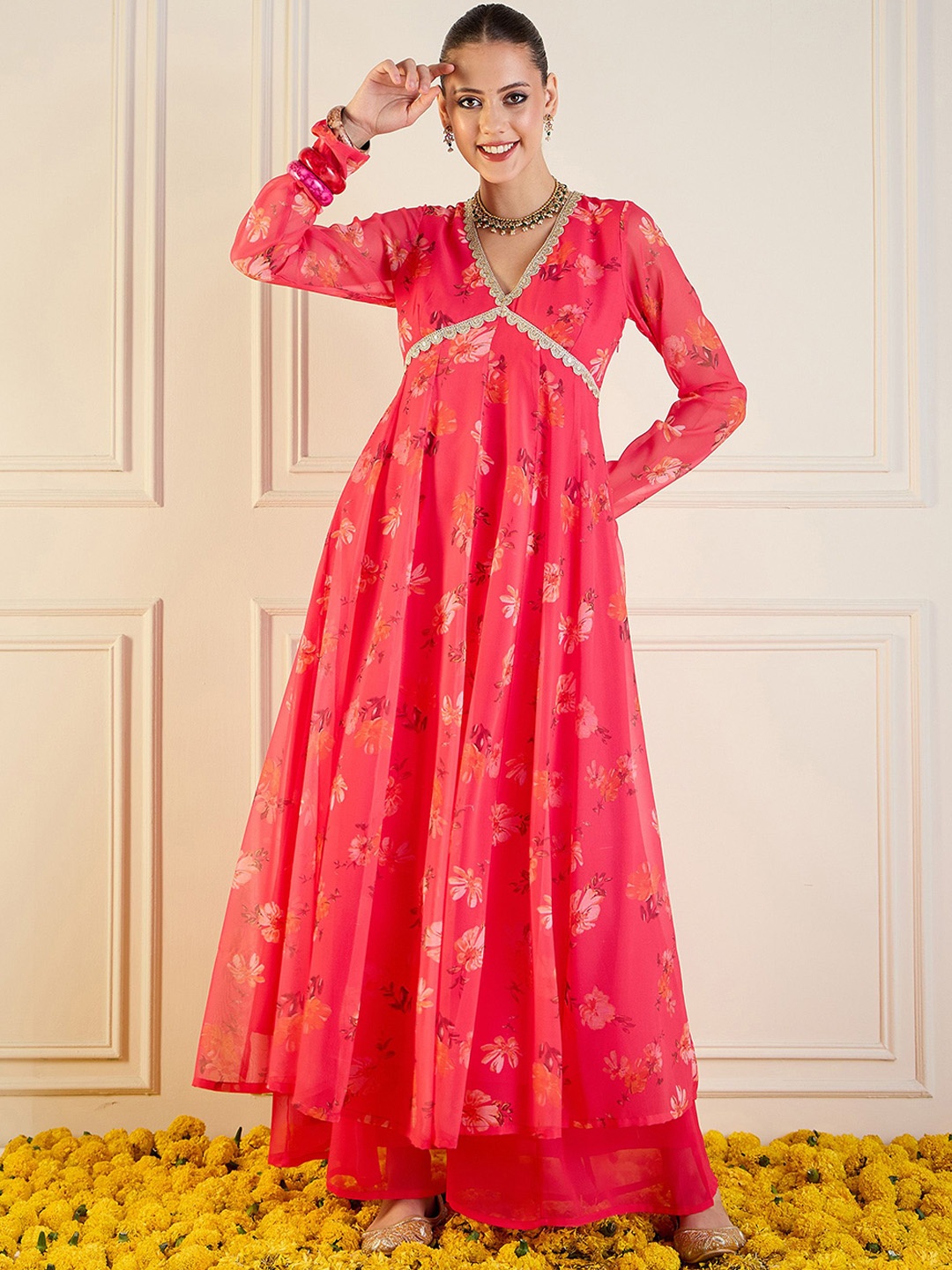 

Shae by SASSAFRAS Floral Printed V Neck Georgette Anarkali Kurta, Fuchsia