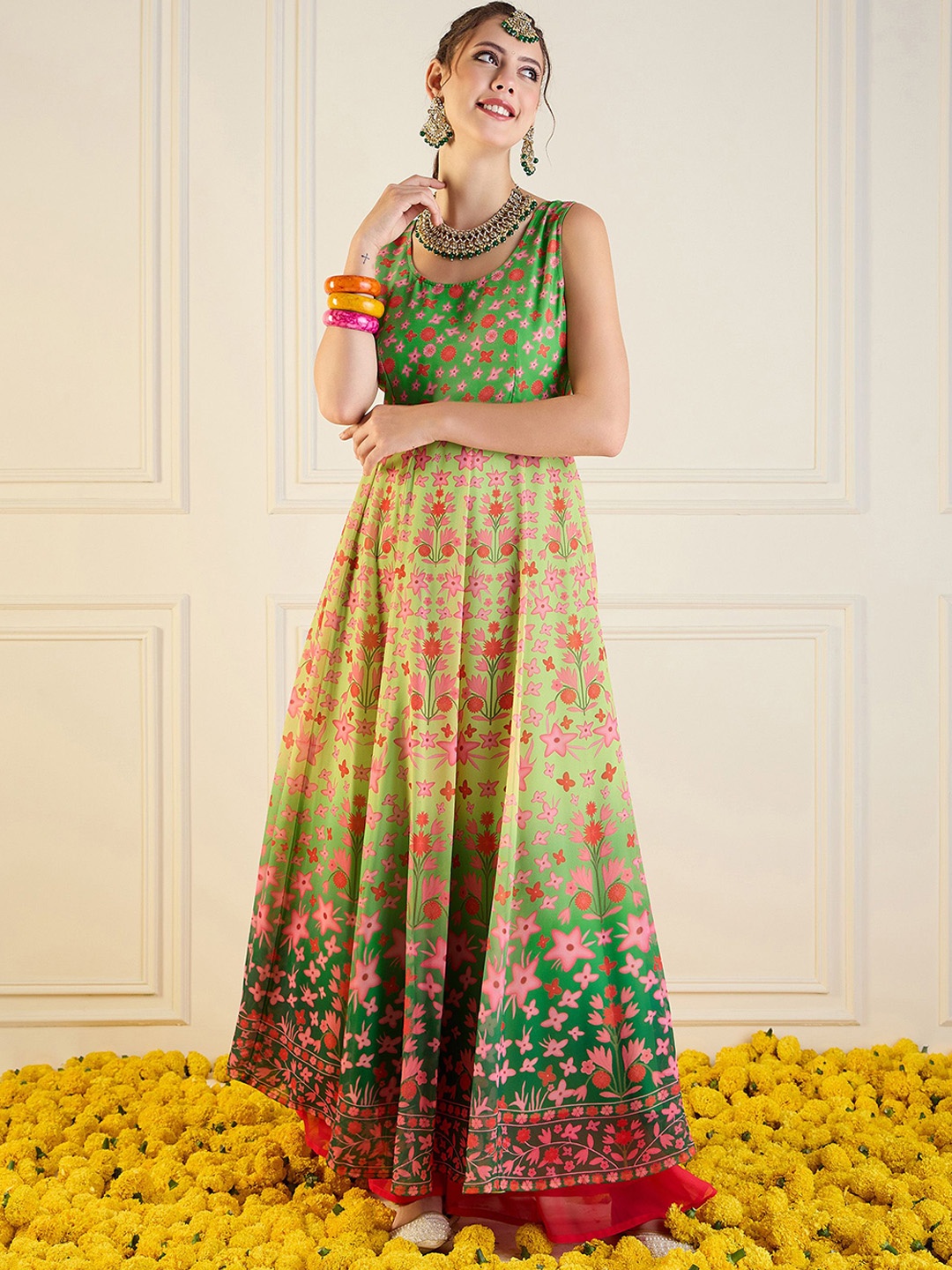 

Shae by SASSAFRAS Floral Printed Sleeveless Georgette Anarkali Kurta, Green