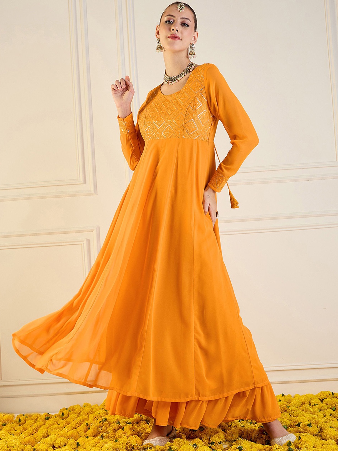 

Shae by SASSAFRAS Floral Yoke Design Tiering Georgette Anarkali Kurta, Mustard