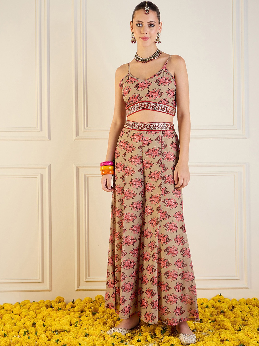 

Shae by SASSAFRAS Floral Crop Top With Palazzos & Shrug, Beige