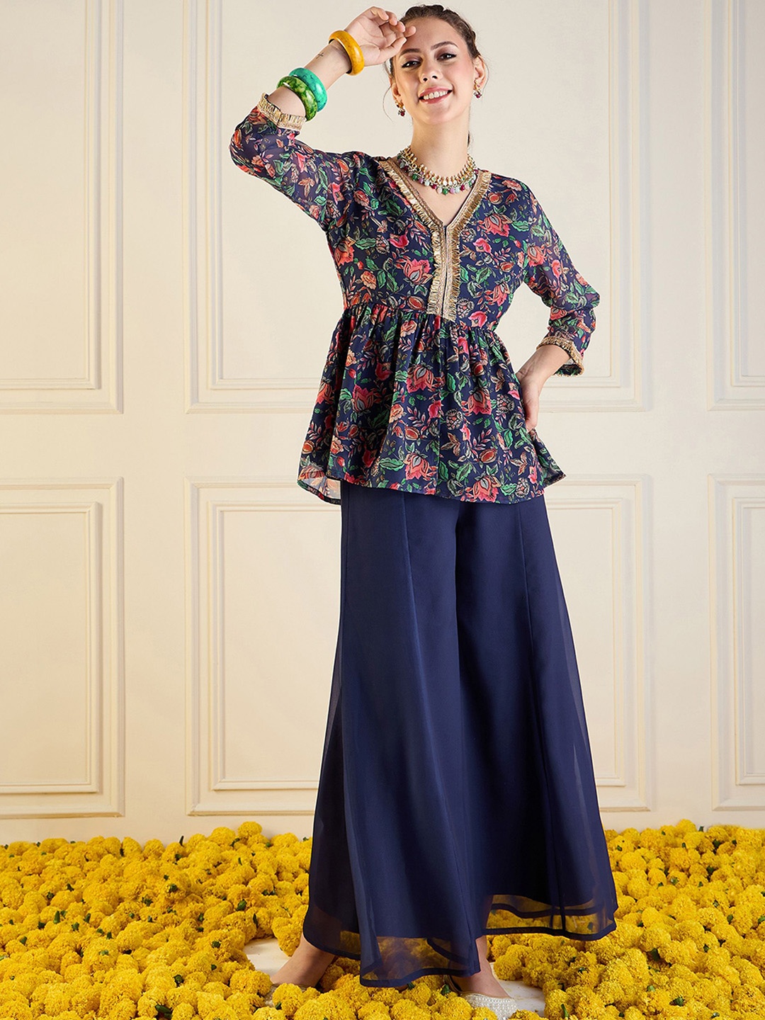 

Shae by SASSAFRAS Floral Printed Peplum Top & Palazzo, Navy blue