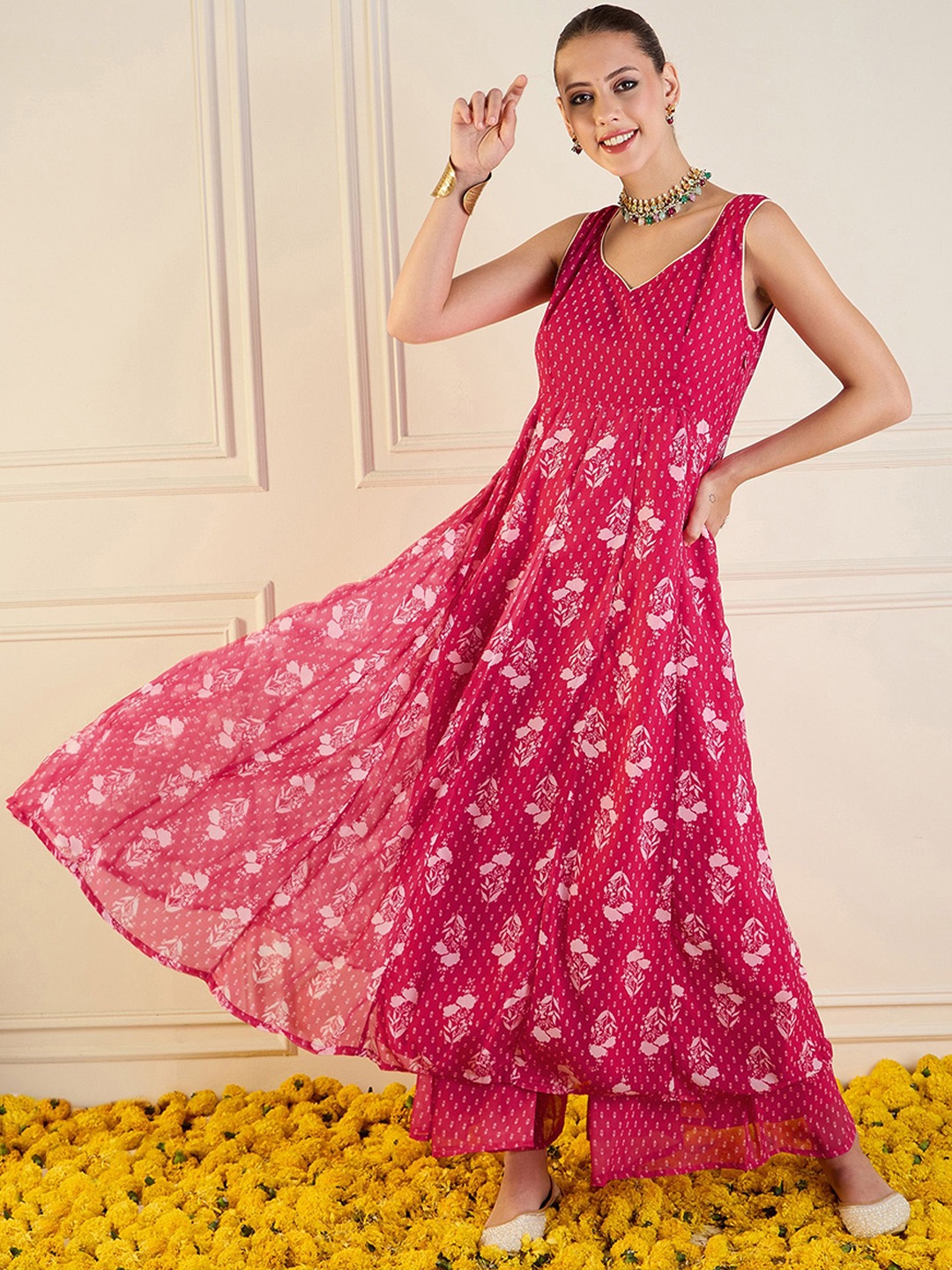 

Shae by SASSAFRAS Floral Printed Sleeveless Georgette Anarkali Kurta, Fuchsia