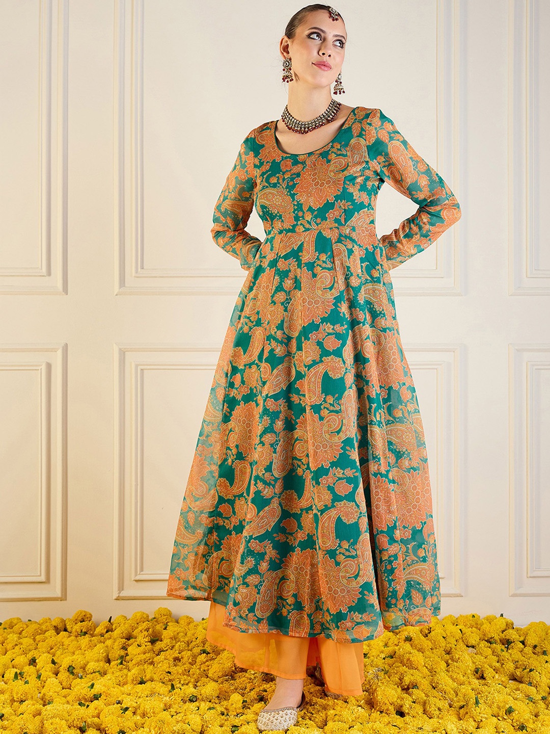 

Shae by SASSAFRAS Floral Printed Chanderi Silk Anarkali Kurta, Green