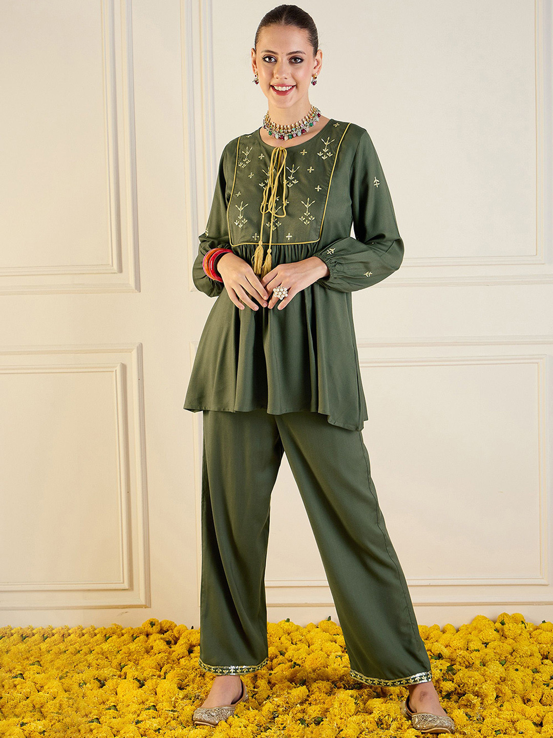 

Shae by SASSAFRAS Floral Embroidered Tie-Up Neck Pleated A-Line Kurti With Palazzos, Olive