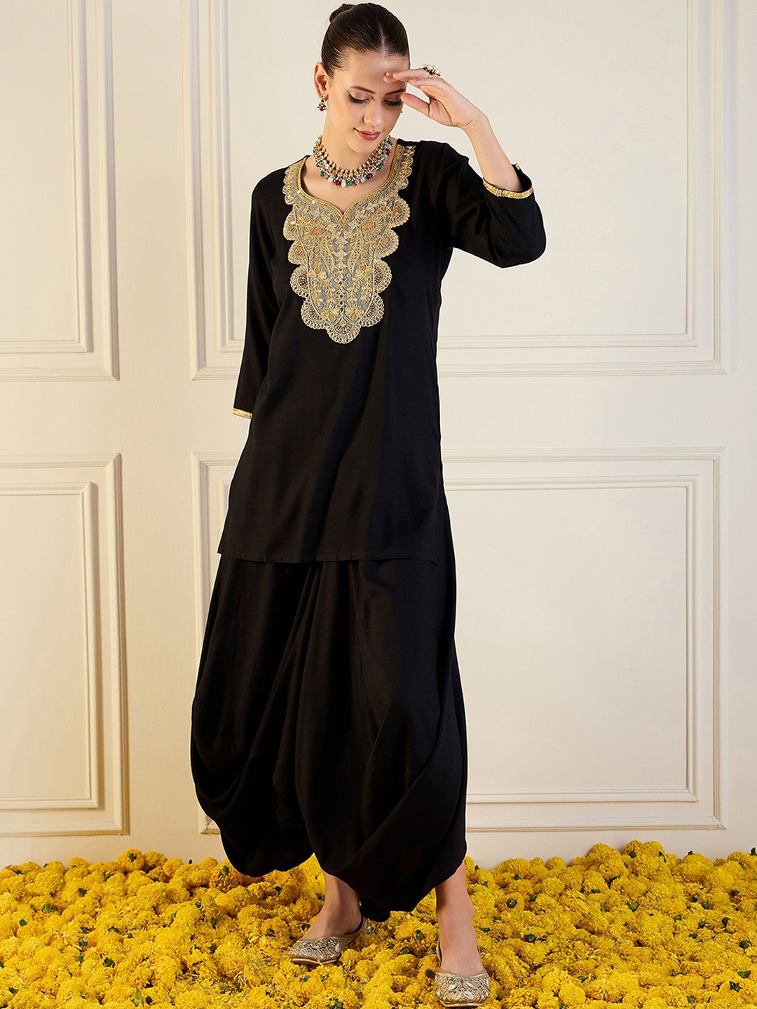 

Shae by SASSAFRAS Embroidered Top & Dhoti Skirt, Black