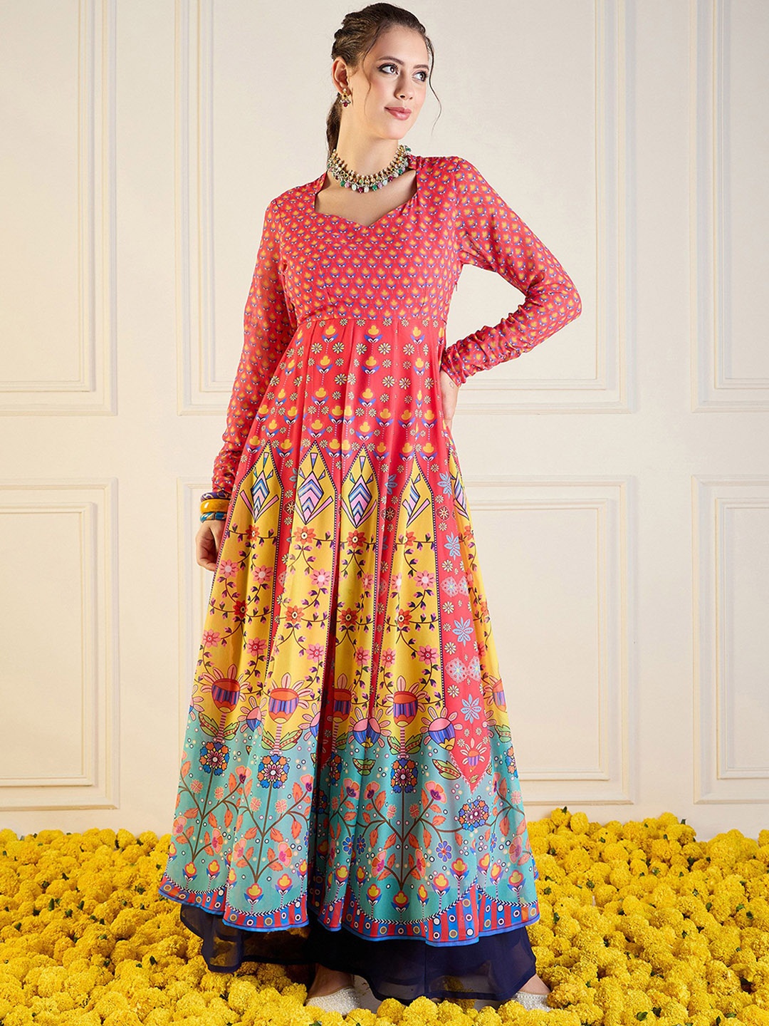

Shae by SASSAFRAS Ethnic Motifs Printed Panelled Indie Prints Anarkali Kurta, Red