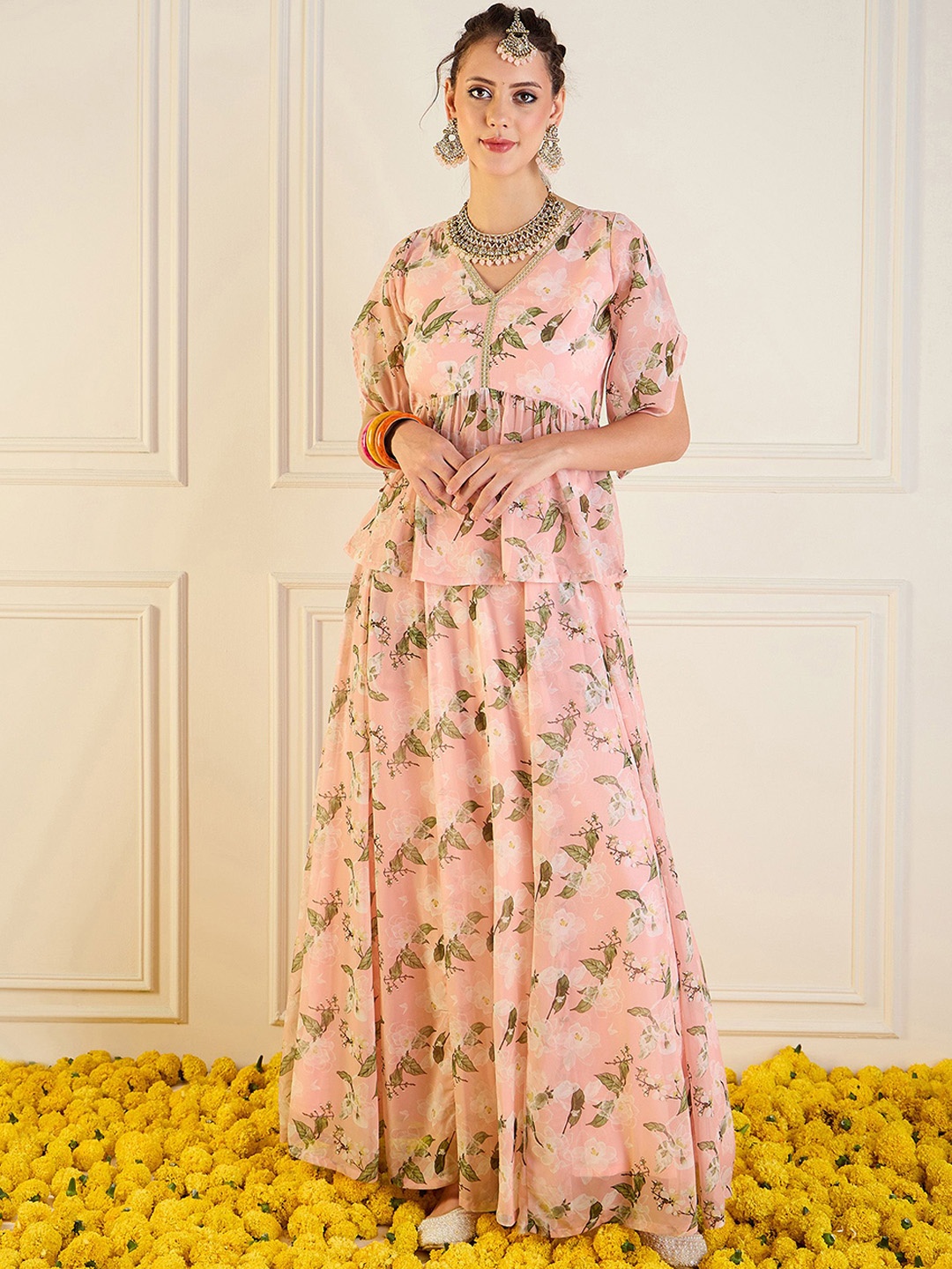 

Shae by SASSAFRAS Floral Printed V-Neck Anarkali Top With Skirt, Peach