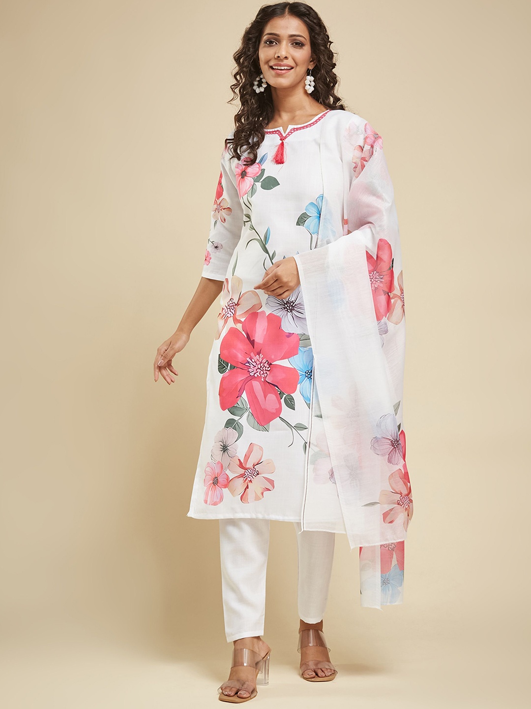 

KALINI Floral Printed Regular Pure Cotton Kurta With Trousers & Dupatta, White