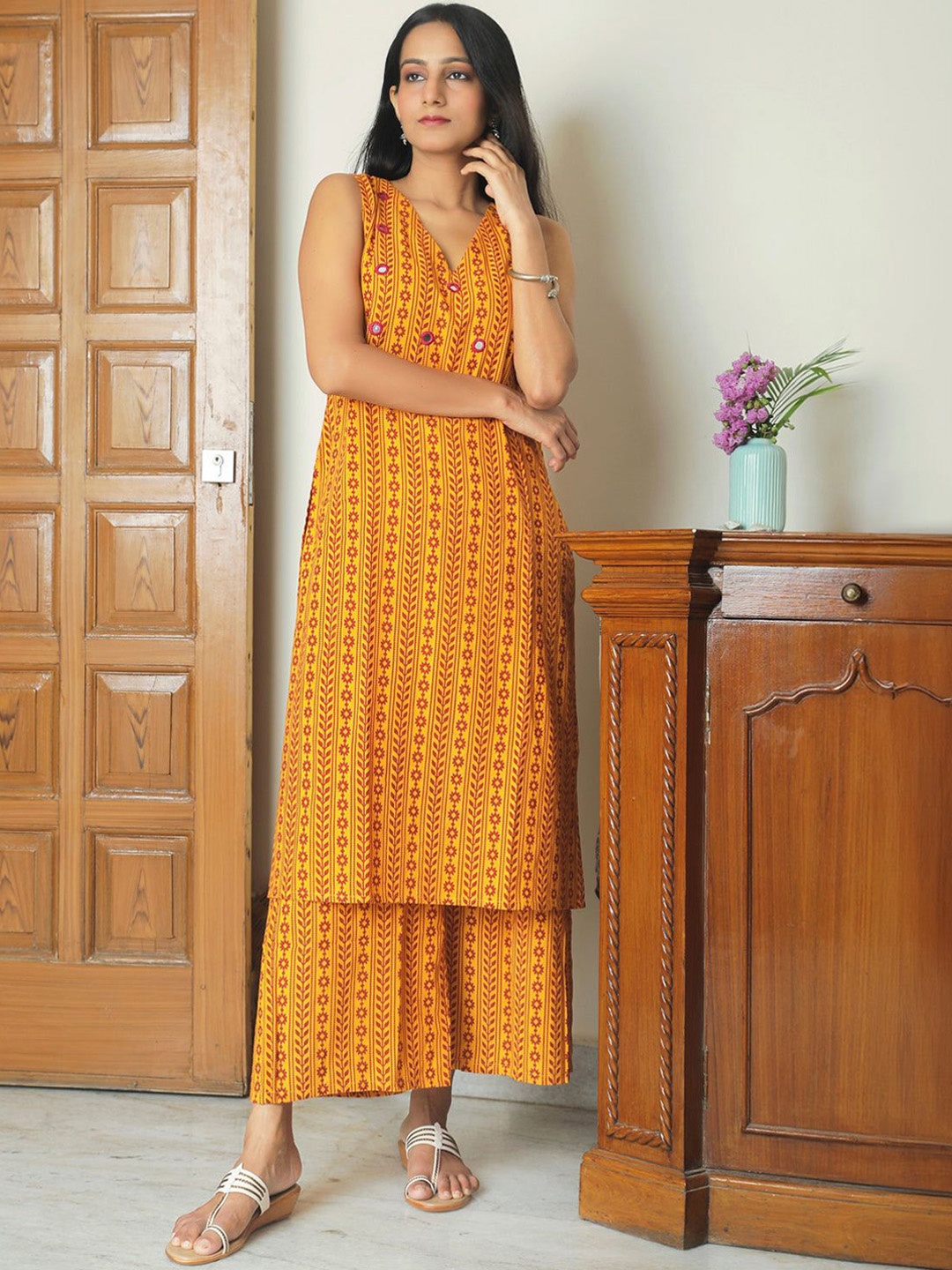 

KALINI Ethnic Motifs Printed Regular Mirror Work Kurta With Trousers, Mustard