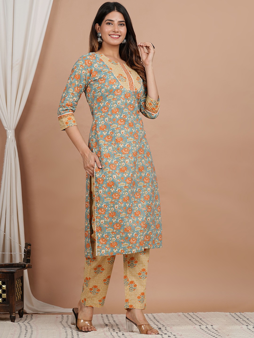 

ZOYOTO Floral Printed Thread Work Pure Cotton Straight Kurta With Trousers, Mustard