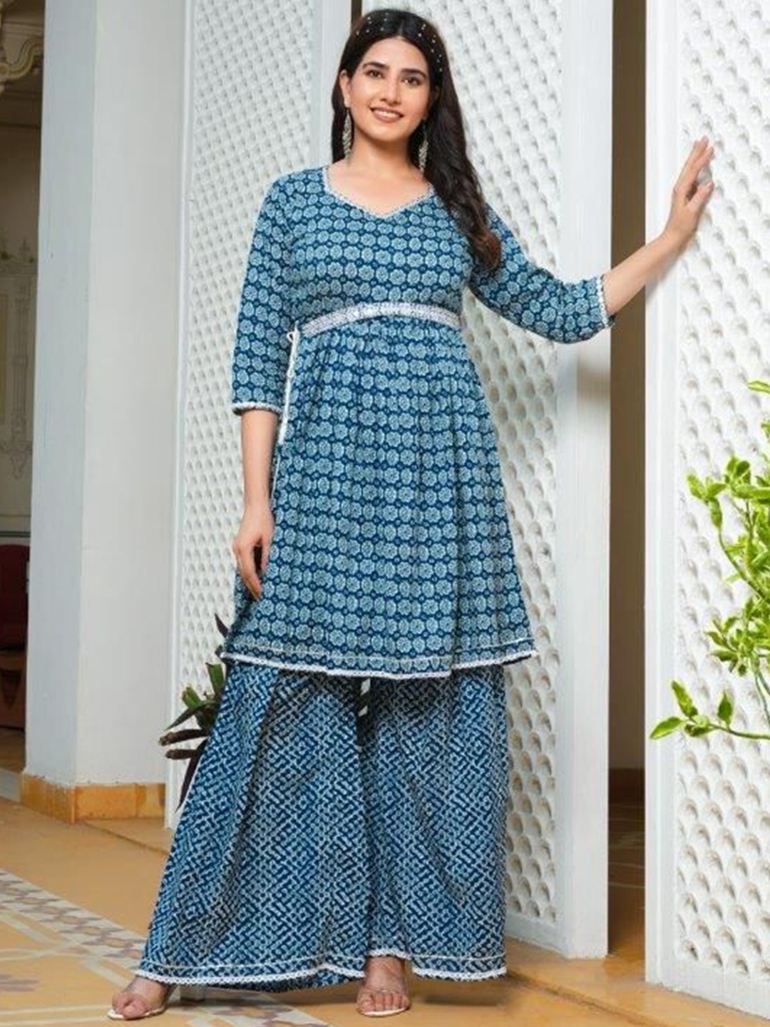 

ZOYOTO Floral Printed Mirror Work Pure Cotton A-Line Kurta with Sharara, Blue