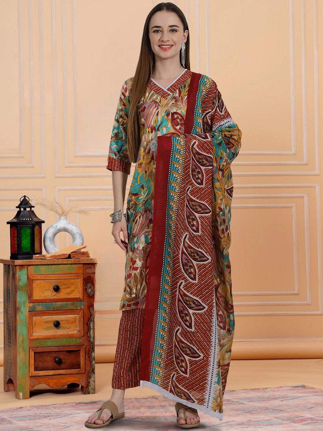 

Ethnic basket Floral Printed Regular Pure Cotton Kurta With Trousers & Dupatta, Mustard