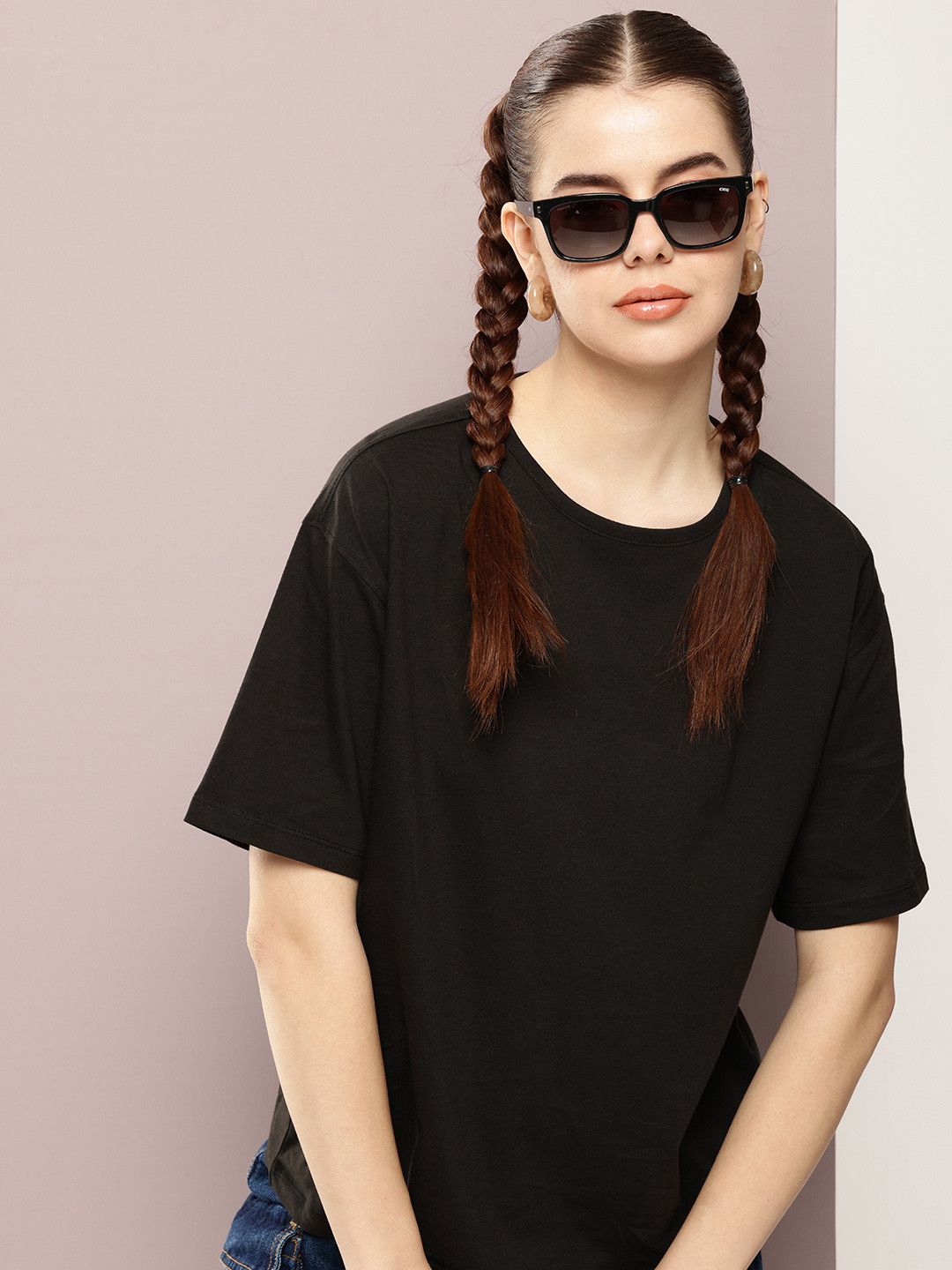 

Kook N Keech Drop-Shoulder Sleeves Oversized Pure Cotton T-shirt, Black