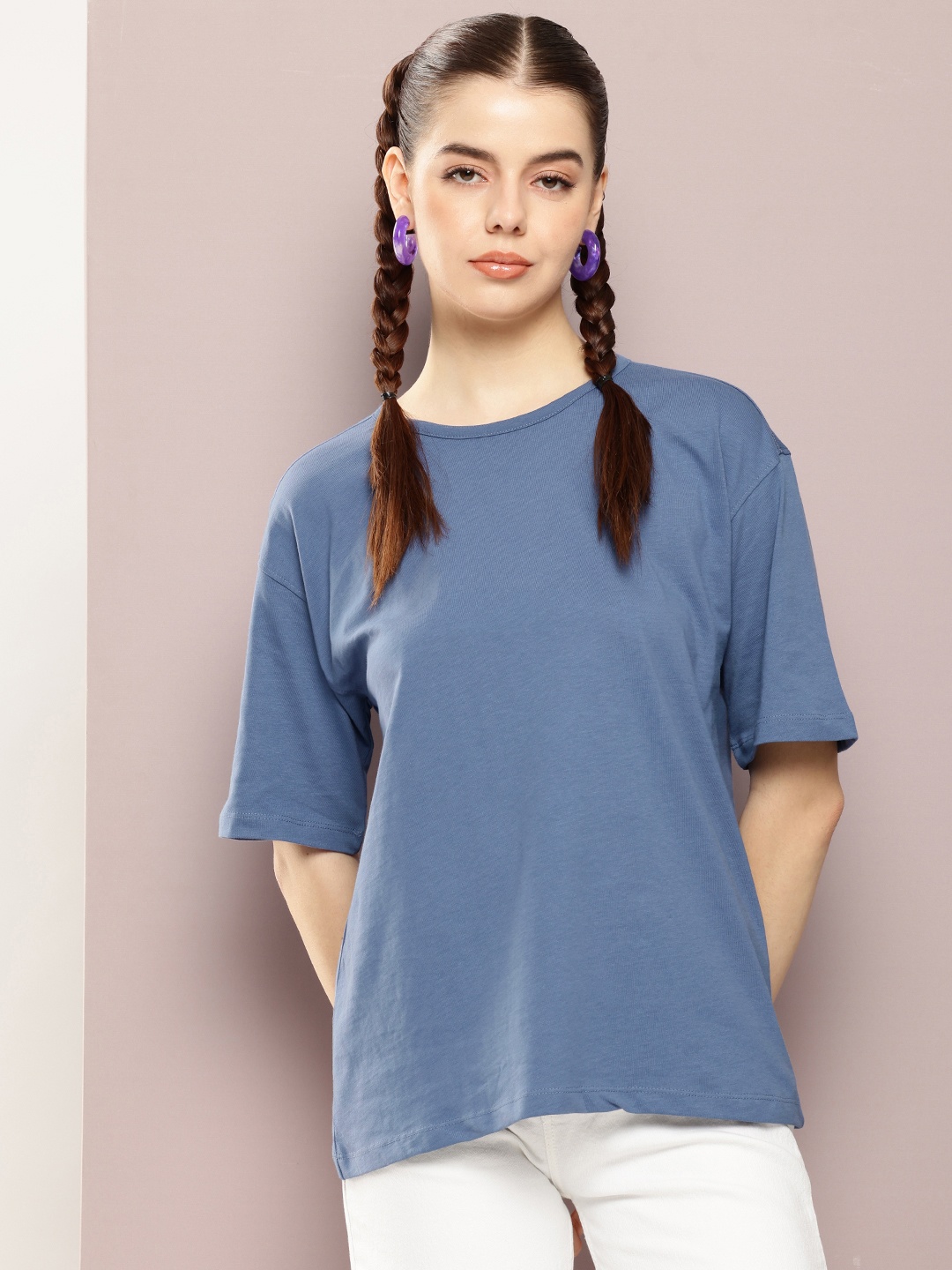 

Kook N Keech Drop-Shoulder Sleeves Oversized Pure Cotton T-shirt, Blue