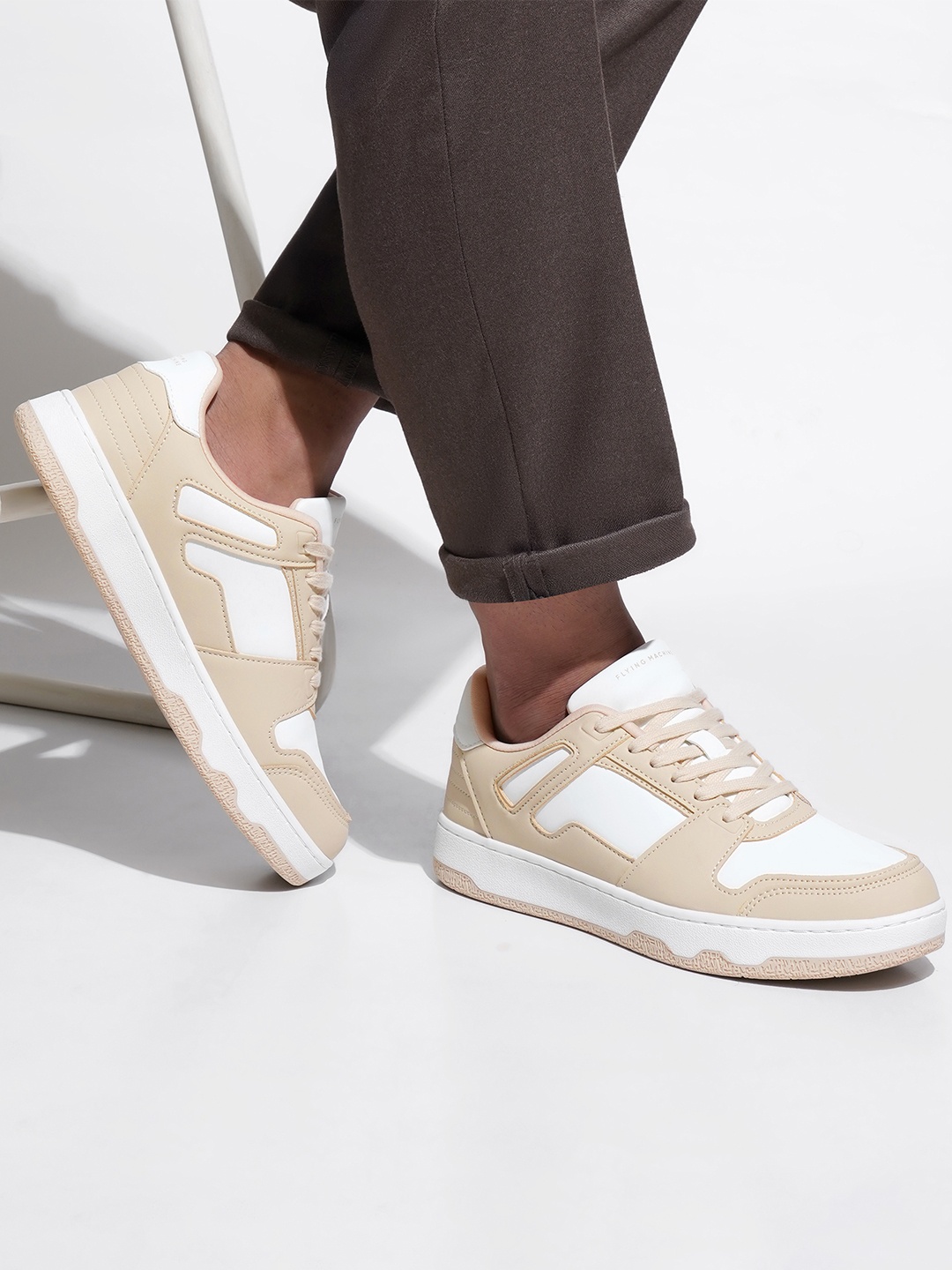 

Flying Machine Men Colourblocked PU Round Toe Sneakers, Beige