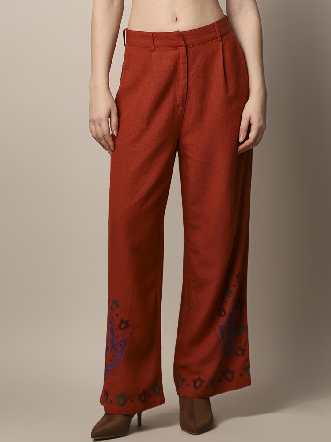 

ONLY Women Embroidered High-Rise Parallel Trousers, Rust