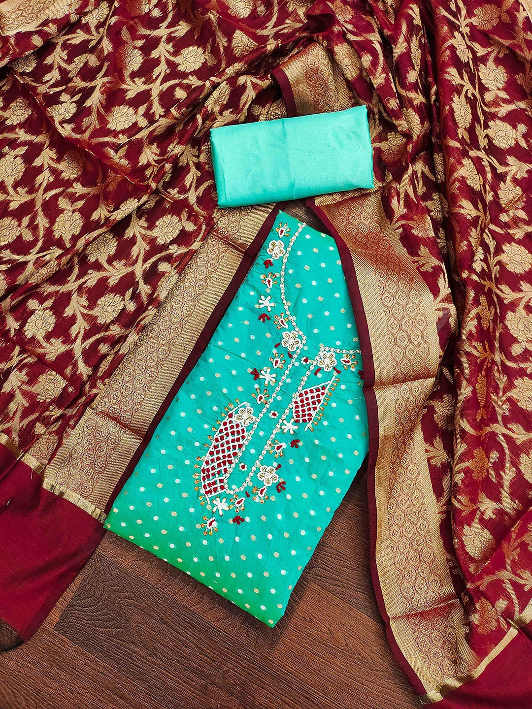 

KALINI Floral Woven Design Beads and Stones Unstitched Dress Material, Sea green
