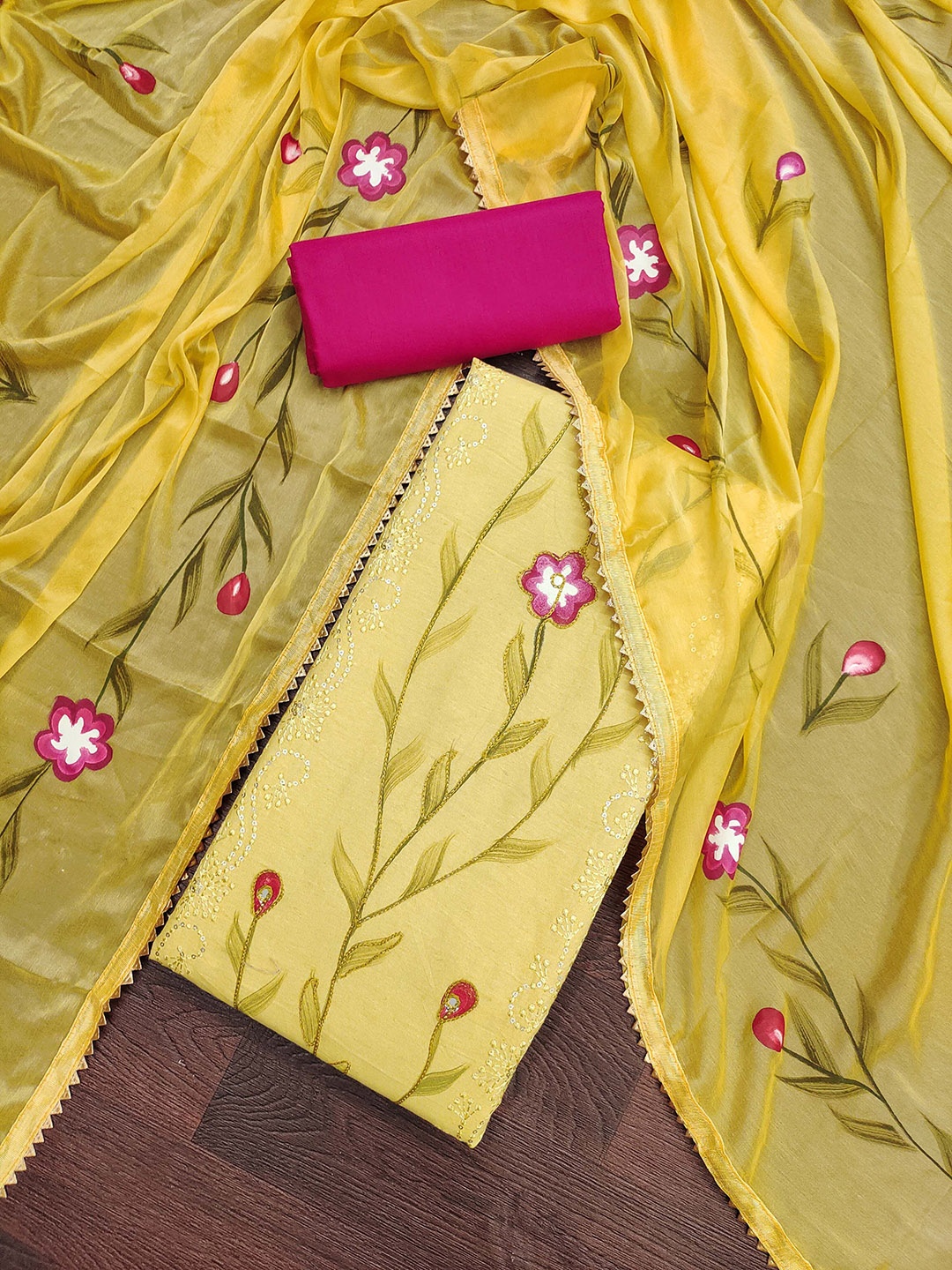 

KALINI Floral Embroidered Sequinned Pure Cotton Unstitched Dress Material, Yellow
